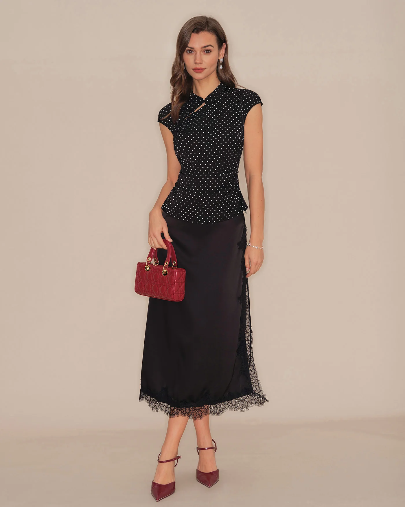 Black Polka Dot Mandarin Collar Tee - Image 4