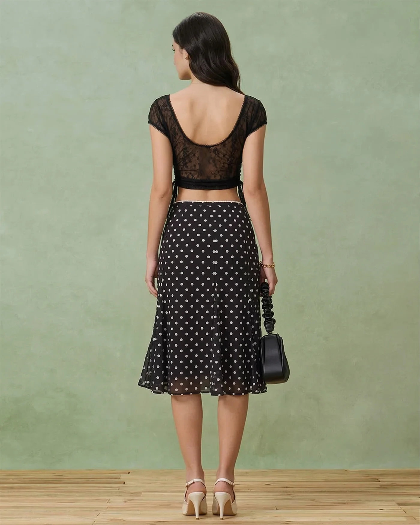 Black Polka Dot Mermaid Midi Skirt - Image 3