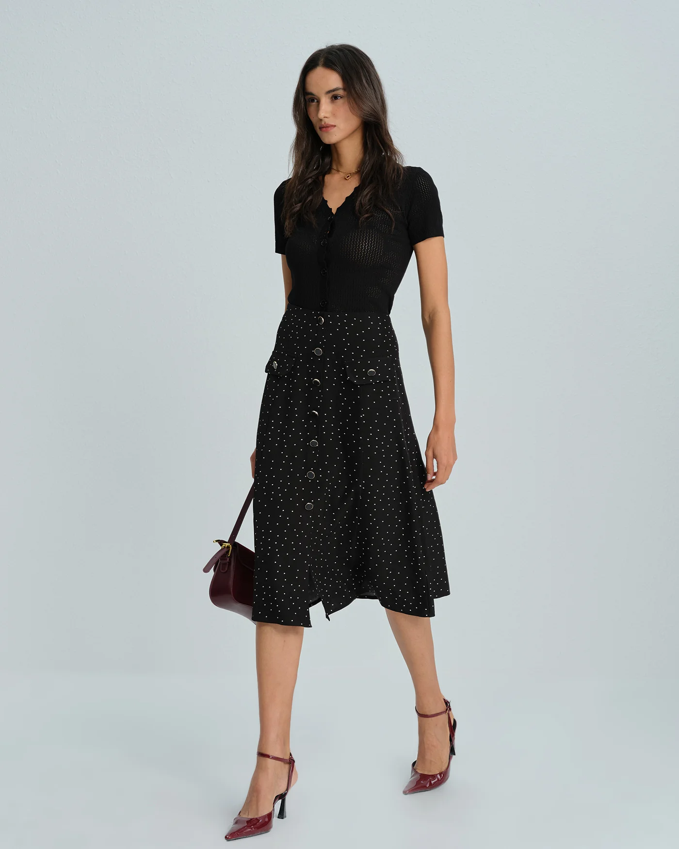 Black Polka Dot Midi Skirt - Image 8