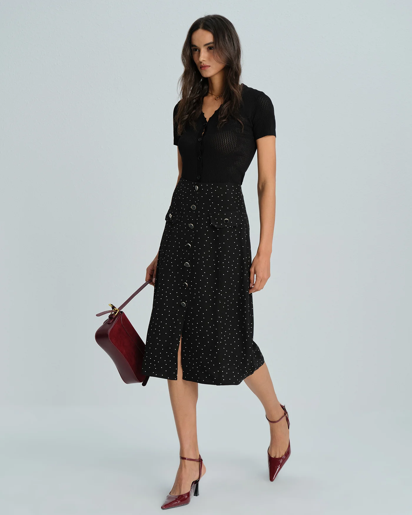 Black Polka Dot Midi Skirt - Image 9