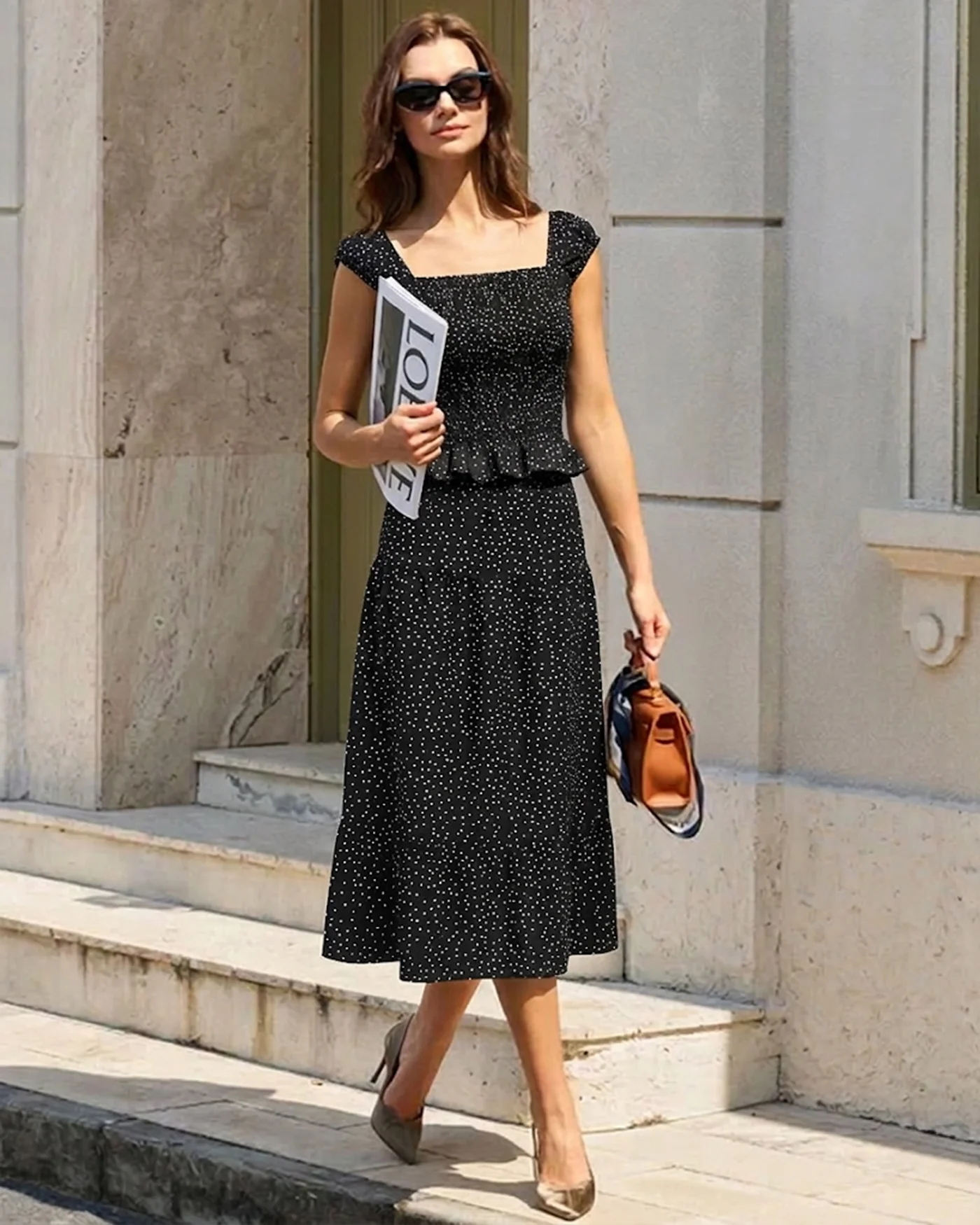 Black Polka Dot Ruched Midi Skirt - Image 2