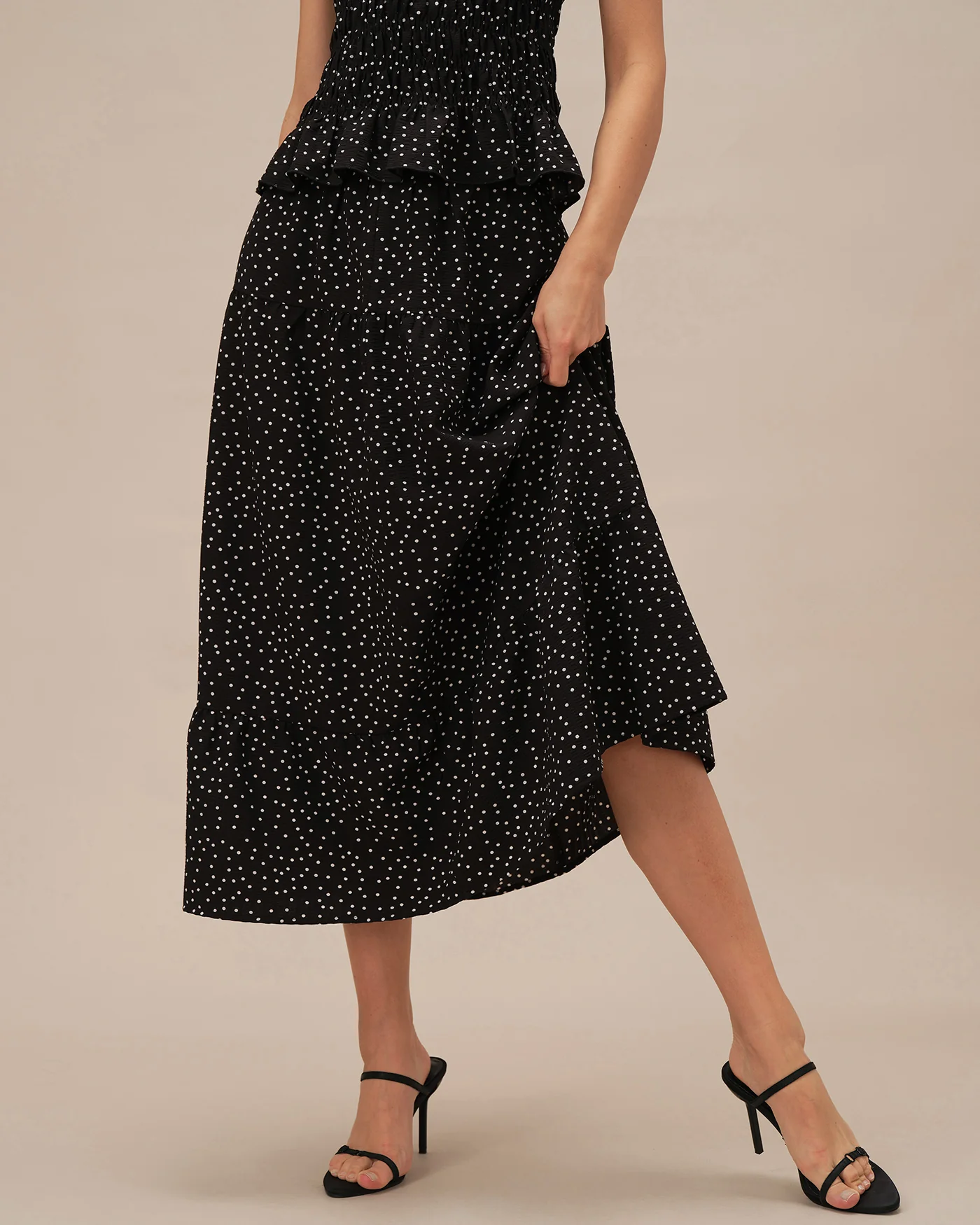 Black Polka Dot Ruched Midi Skirt - Image 3