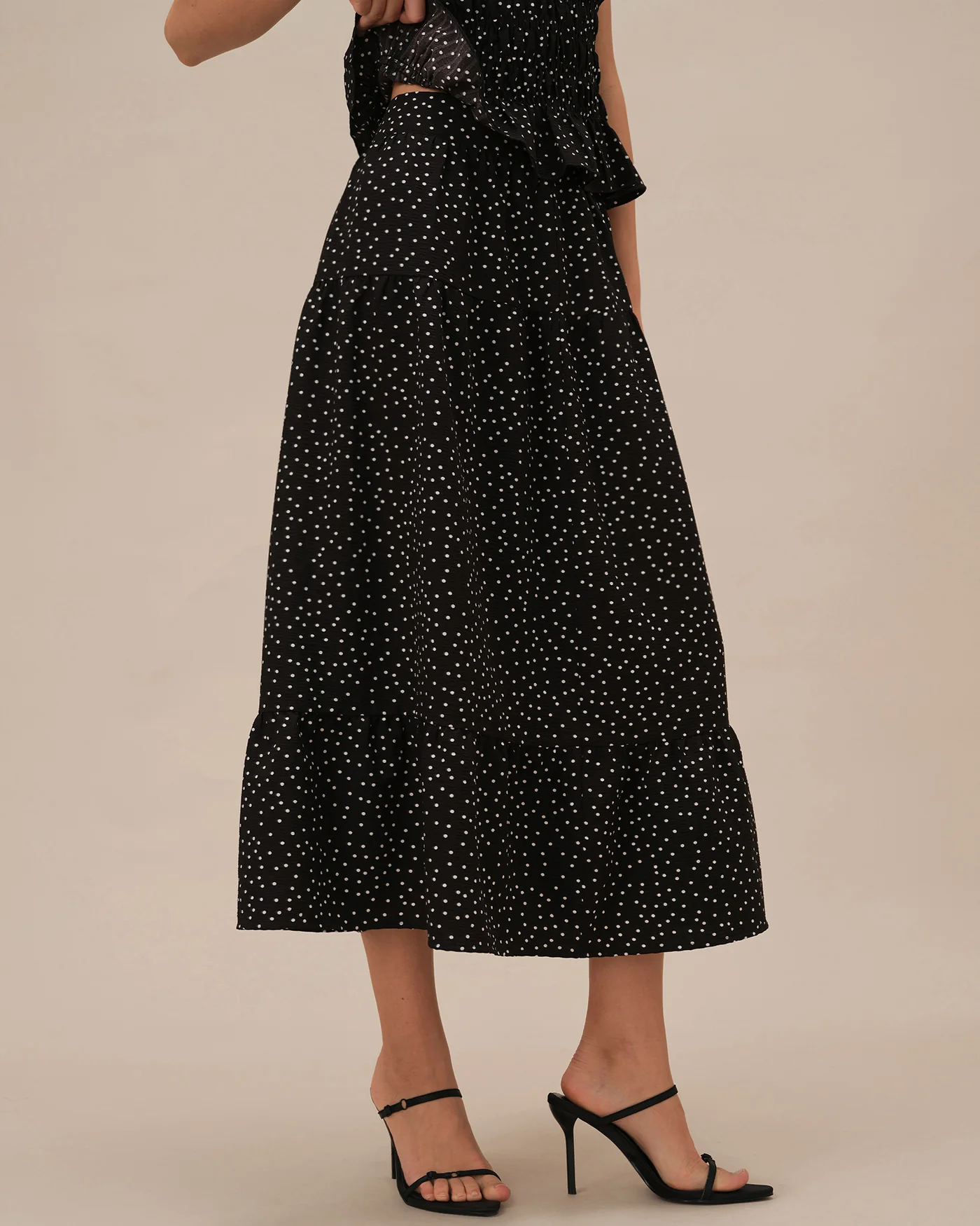 Black Polka Dot Ruched Midi Skirt - Image 4