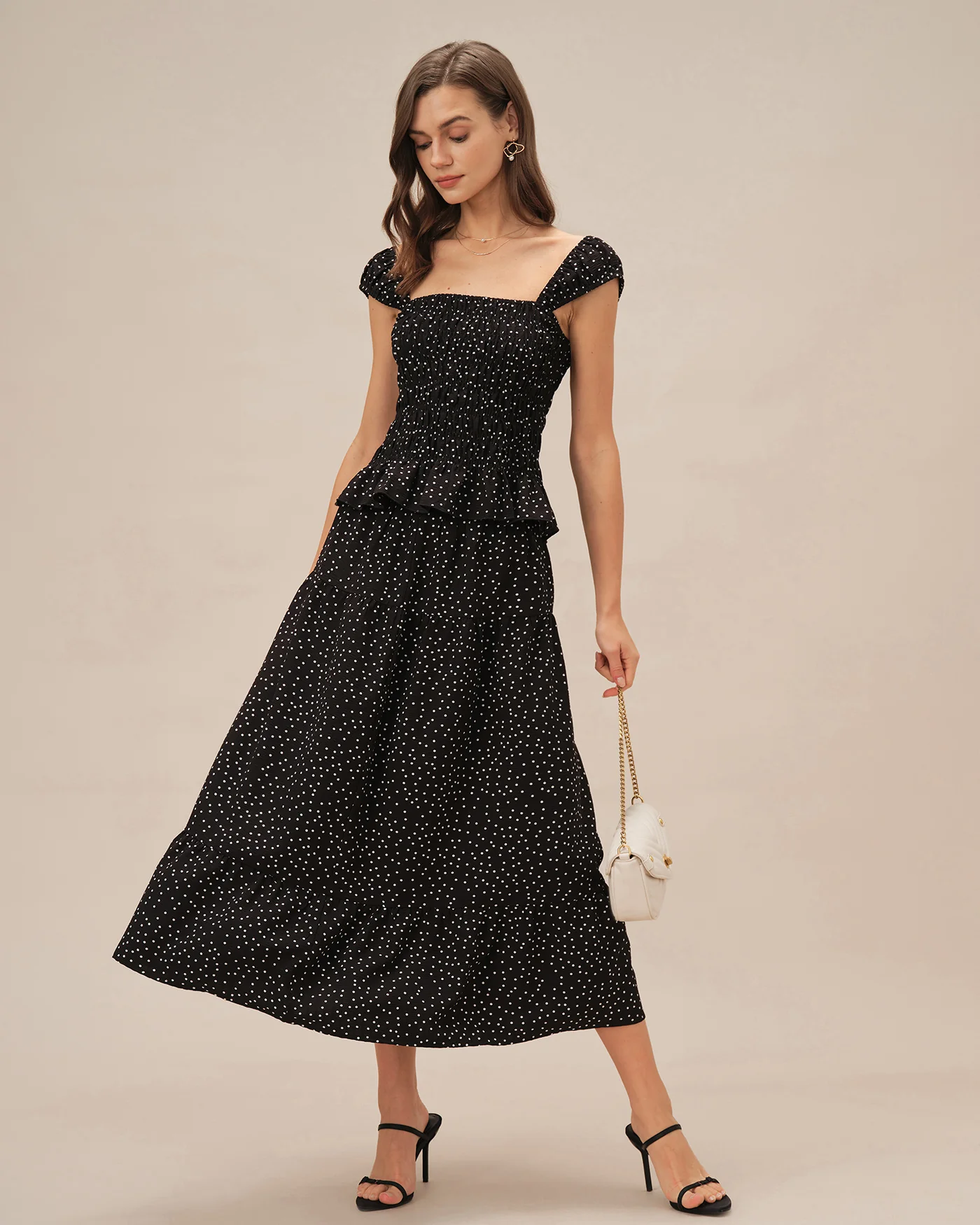 Black Polka Dot Ruched Midi Skirt - Image 6