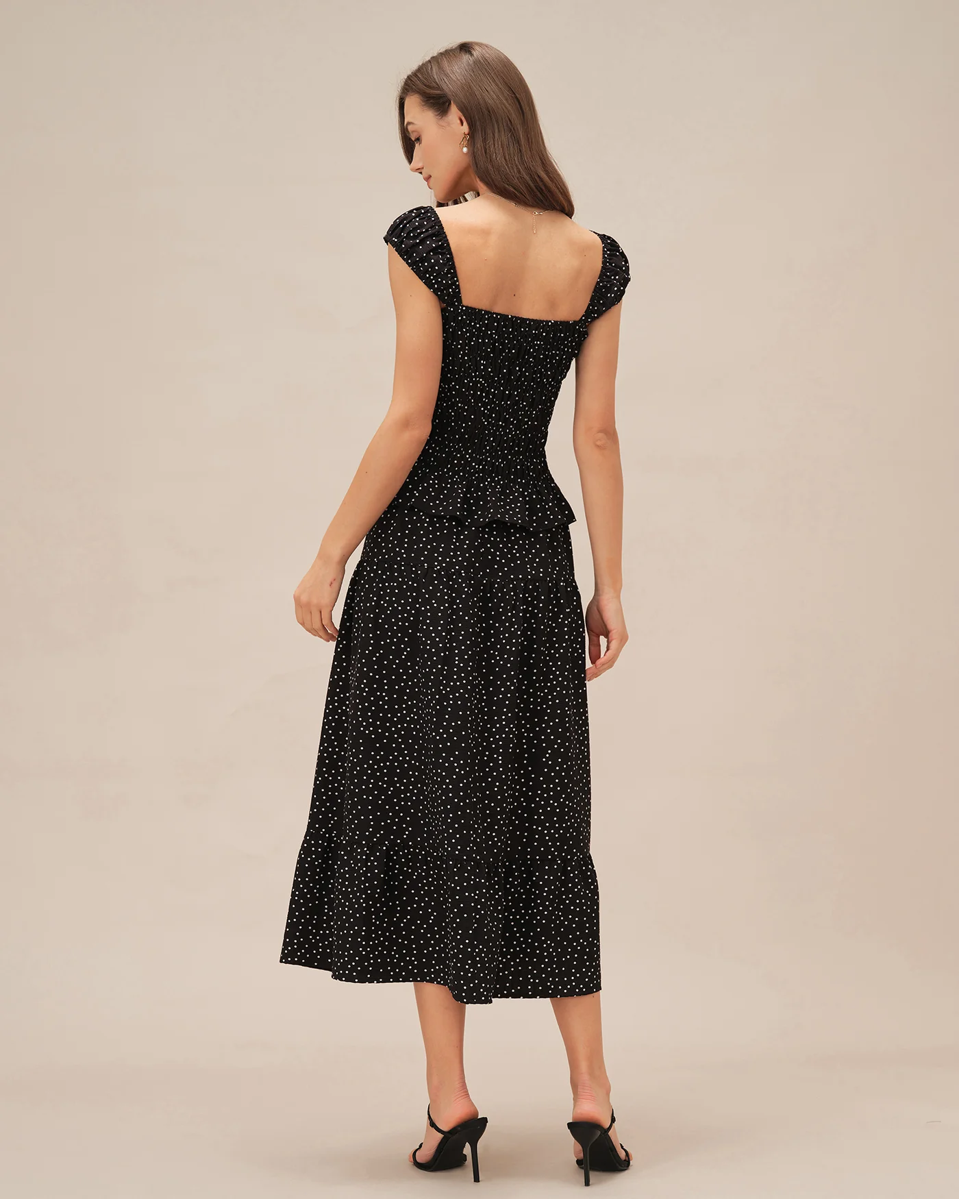 Black Polka Dot Ruched Midi Skirt - Image 7