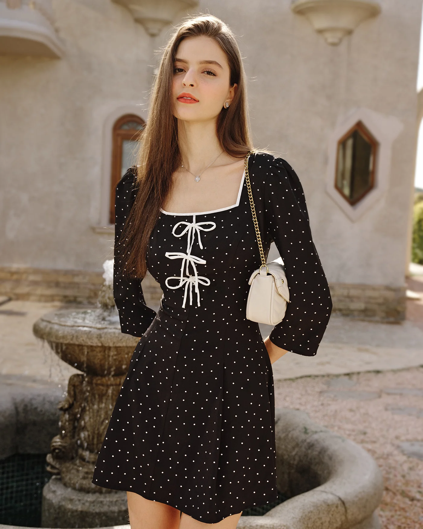 Black Polka Dot Square Neck Mini Dress - Image 2