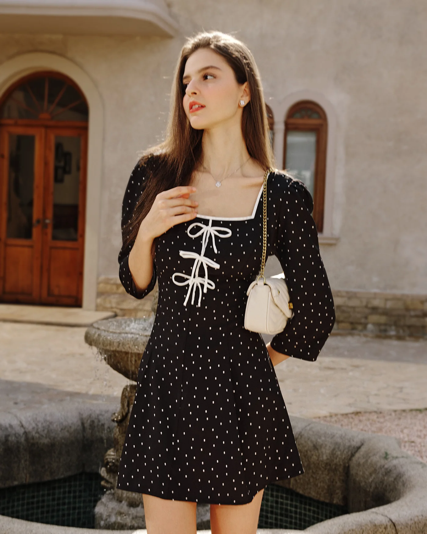 Black Polka Dot Square Neck Mini Dress - Image 3