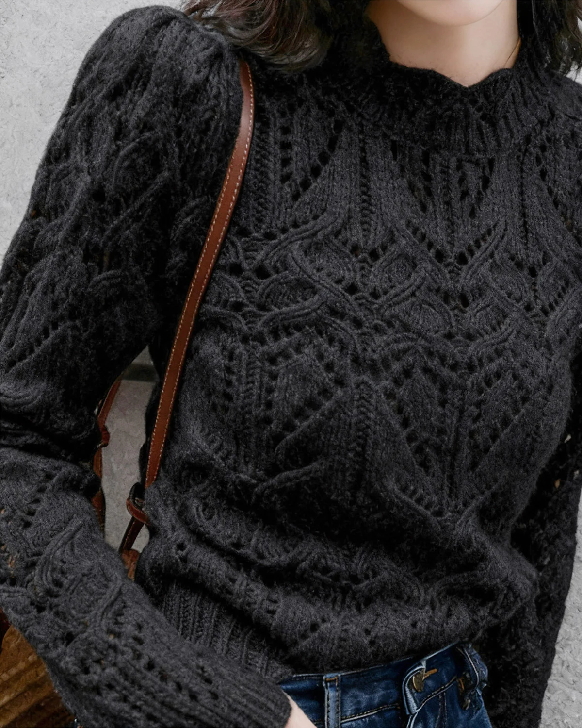 Black Round Neck Cut Out Sweater - Image 2