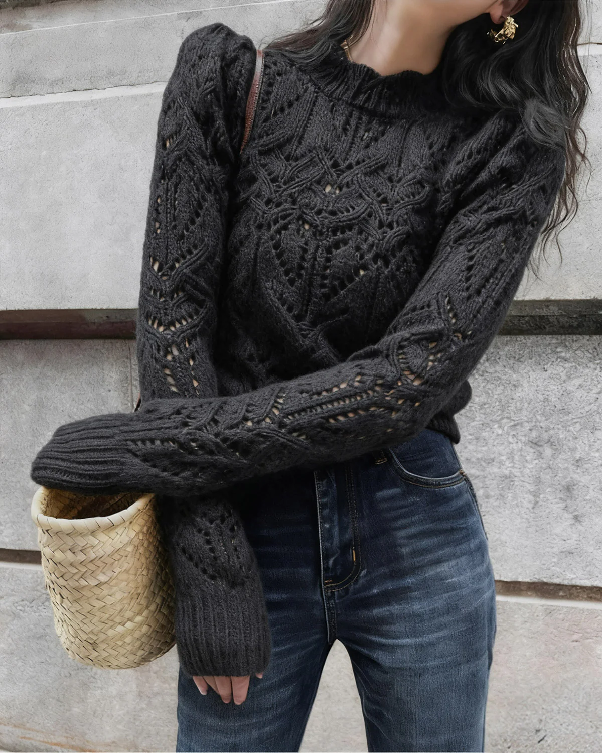 Black Round Neck Cut Out Sweater - Image 3