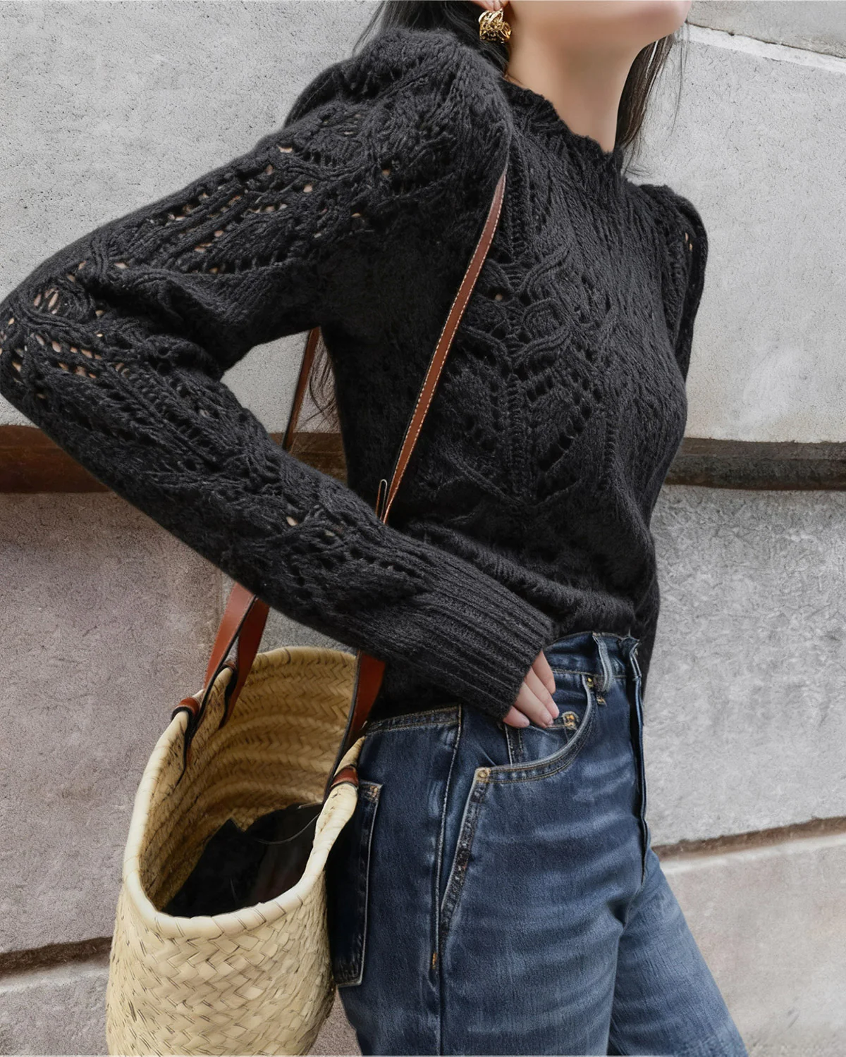 Black Round Neck Cut Out Sweater - Image 4
