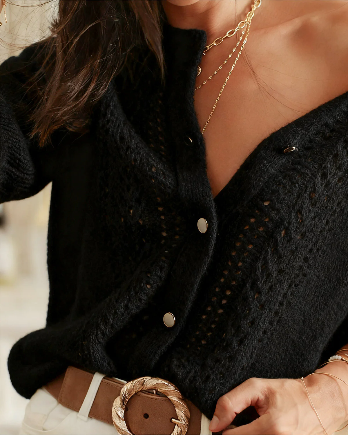 Black Round Neck Knit Cardigan - Image 2