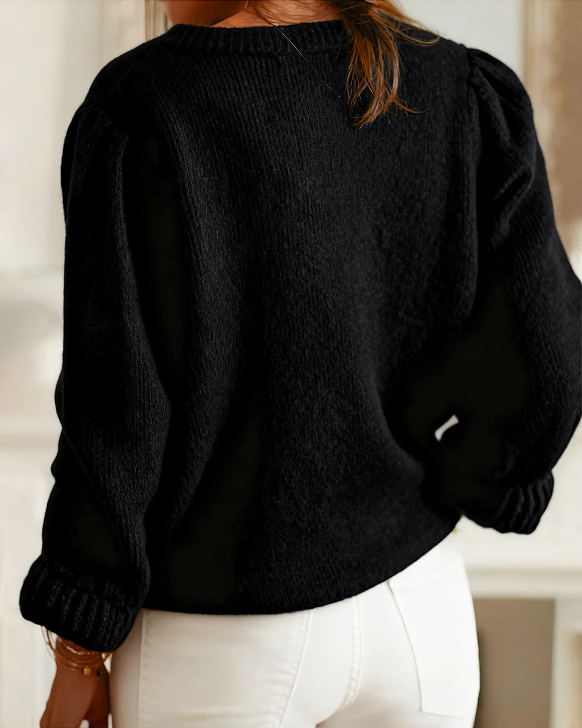 Black Round Neck Knit Cardigan - Image 4