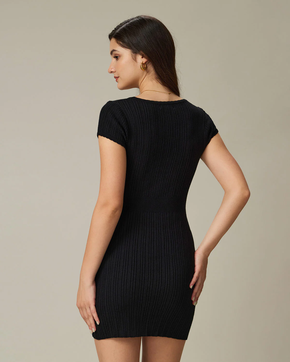Black Round Neck Ribbed Mini Dress - Image 3