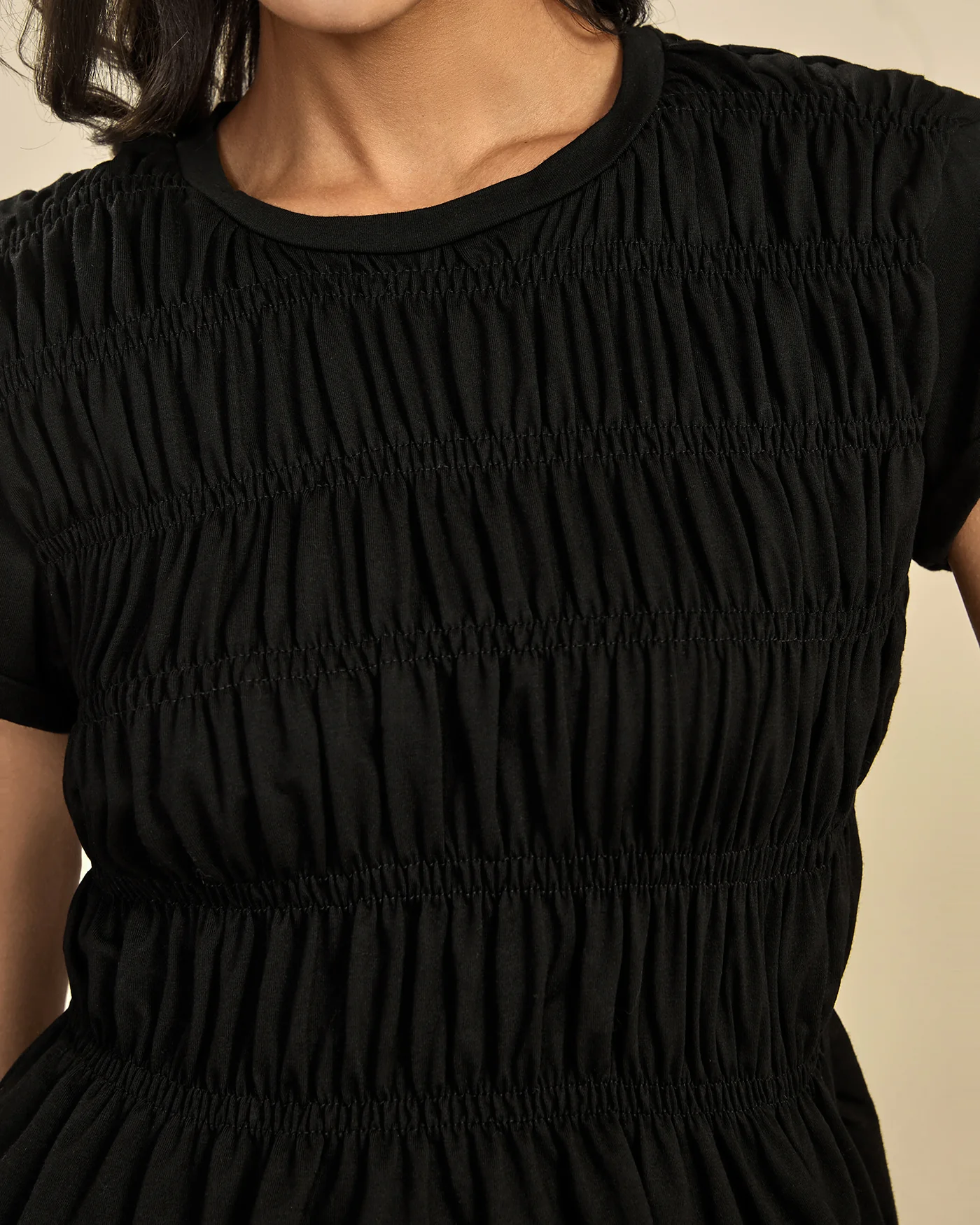 Black Round Neck Shirred Tee - Image 2