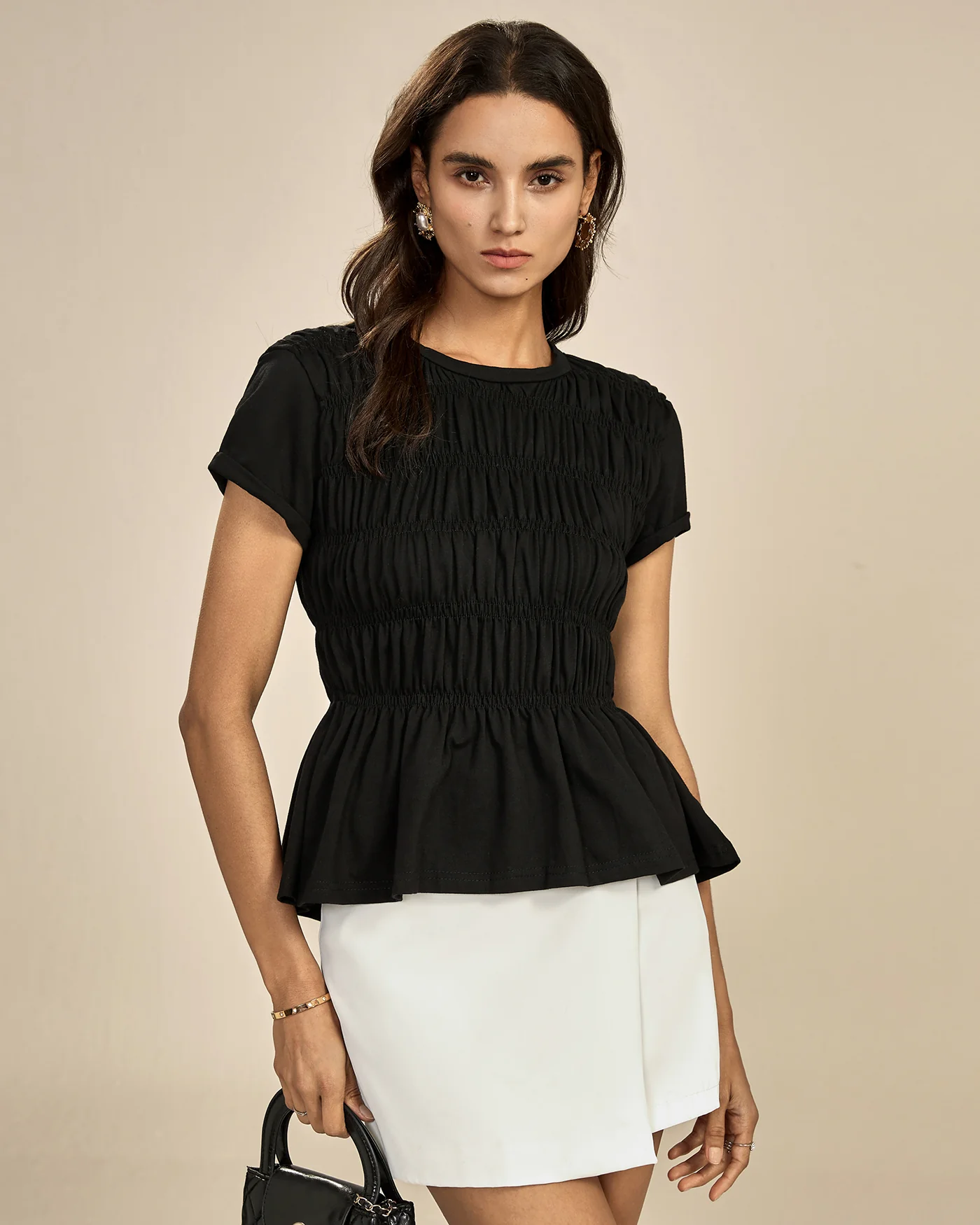 Black Round Neck Shirred Tee - Image 3