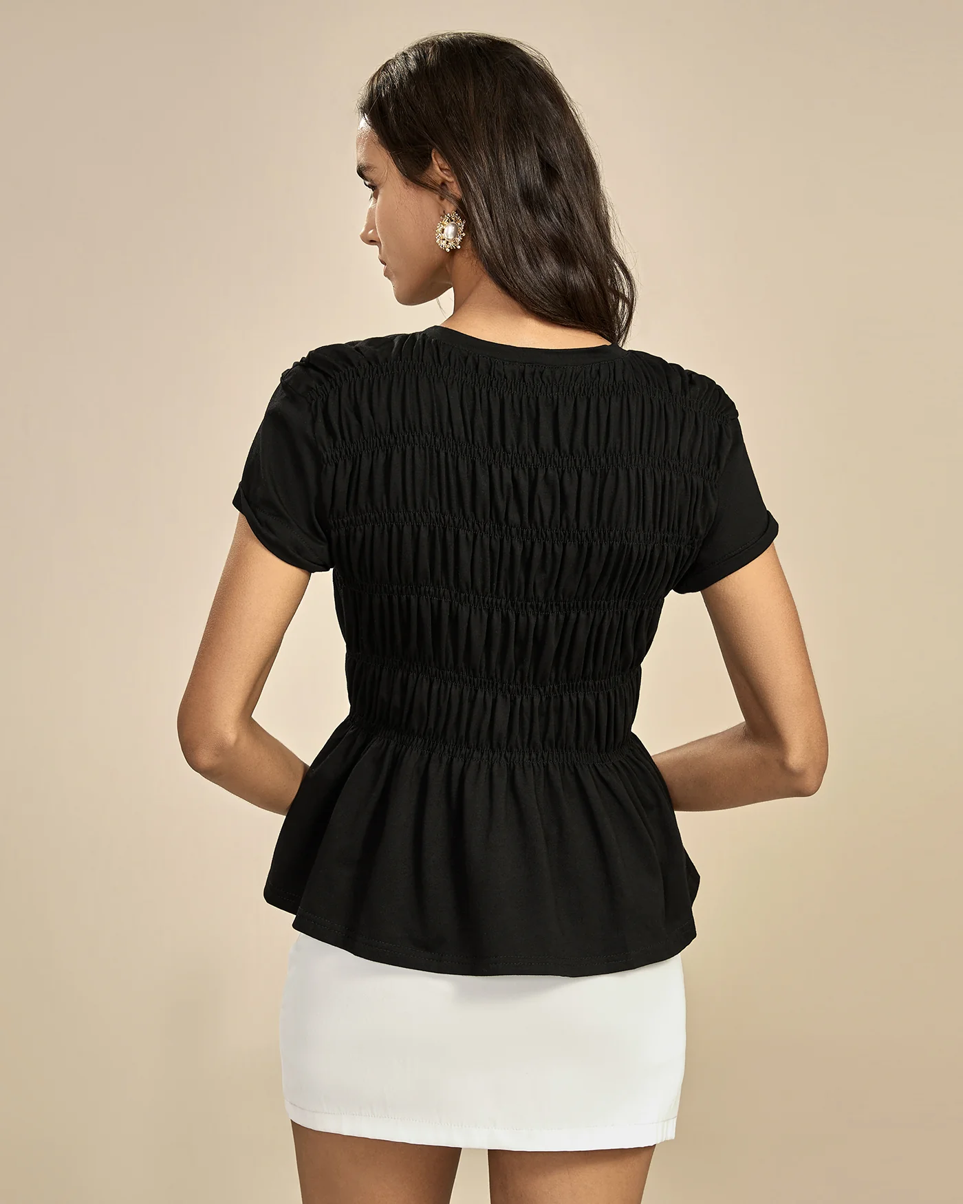 Black Round Neck Shirred Tee - Image 4