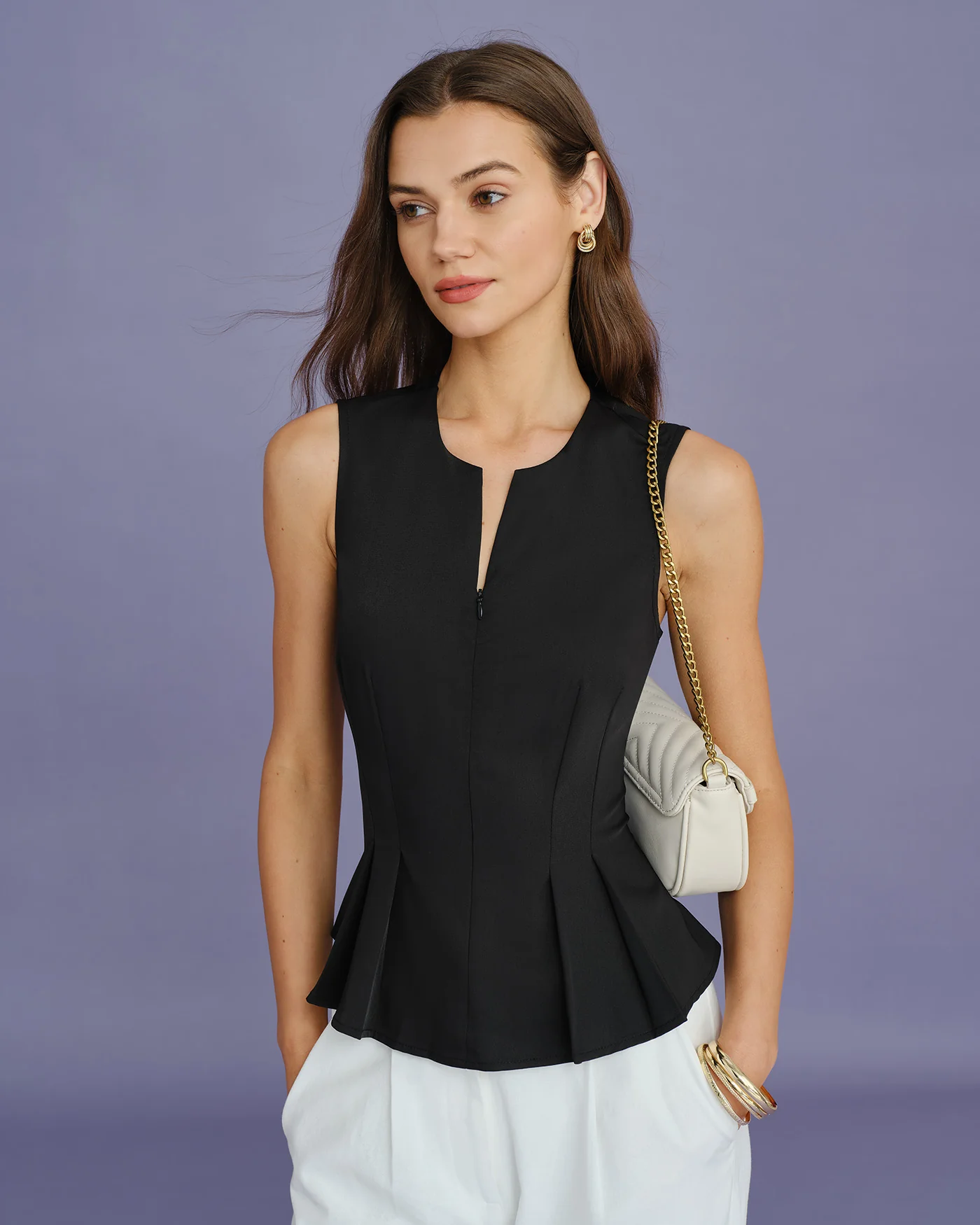 Black Solid Ruched Tank Top - Image 2