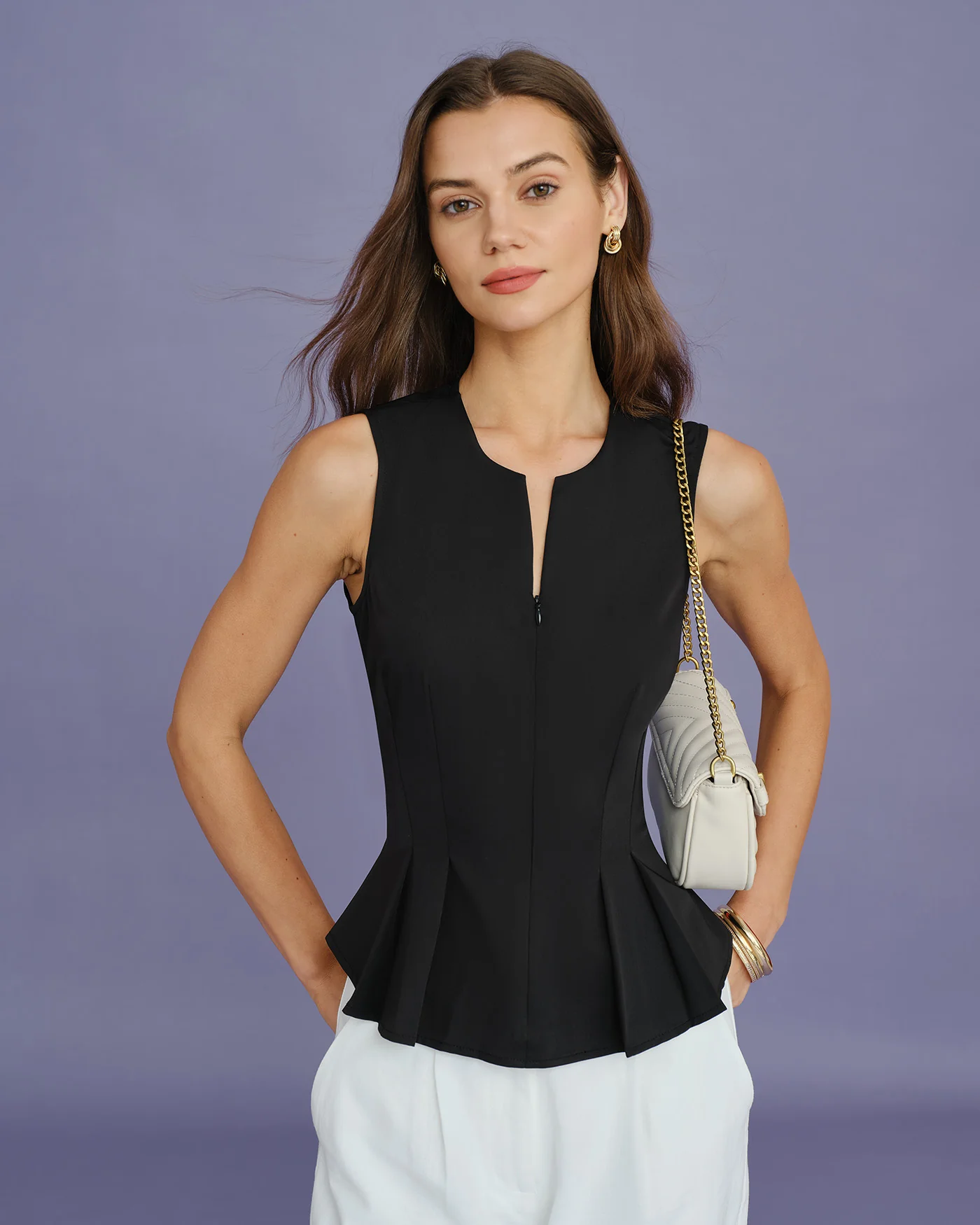 Black Solid Ruched Tank Top - Image 4