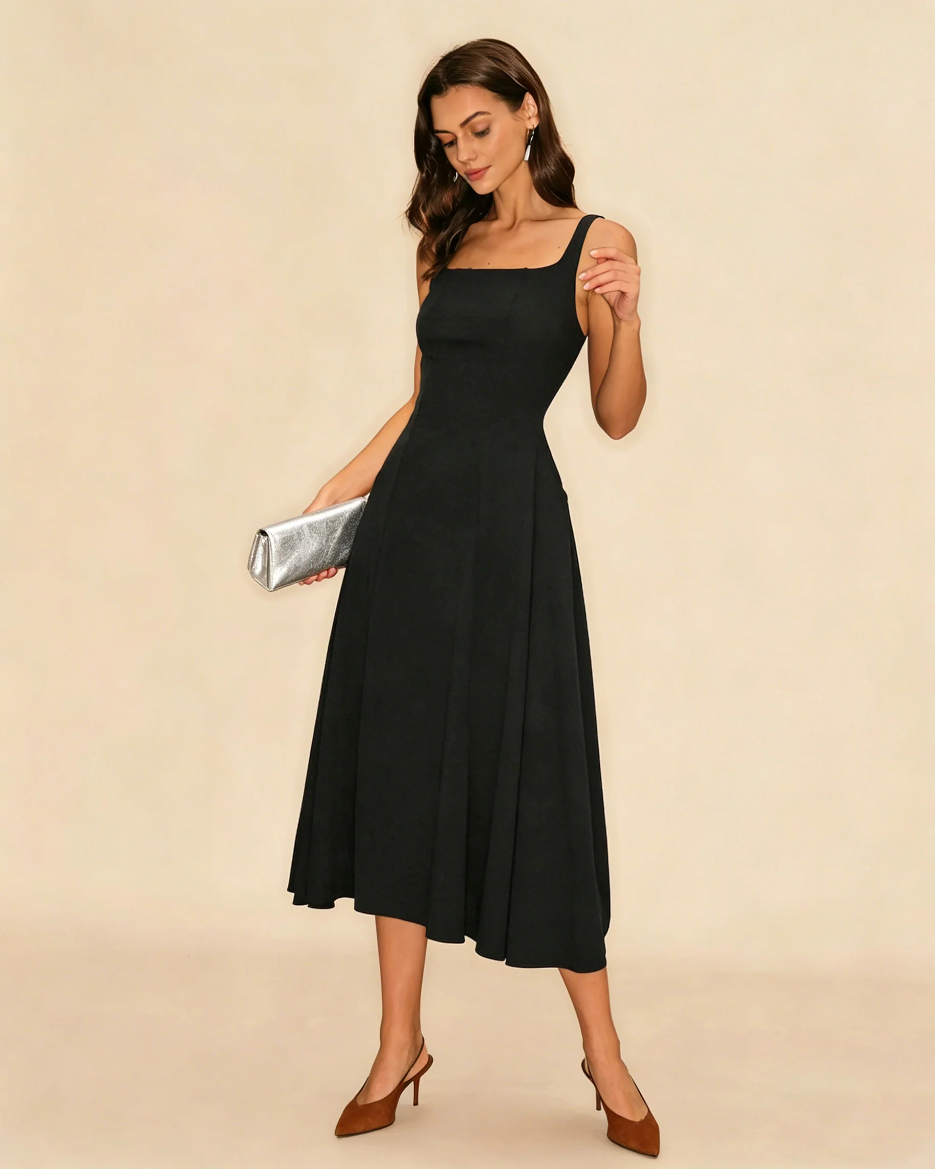 Black Solid Zipper Slip Midi Dress - Image 3