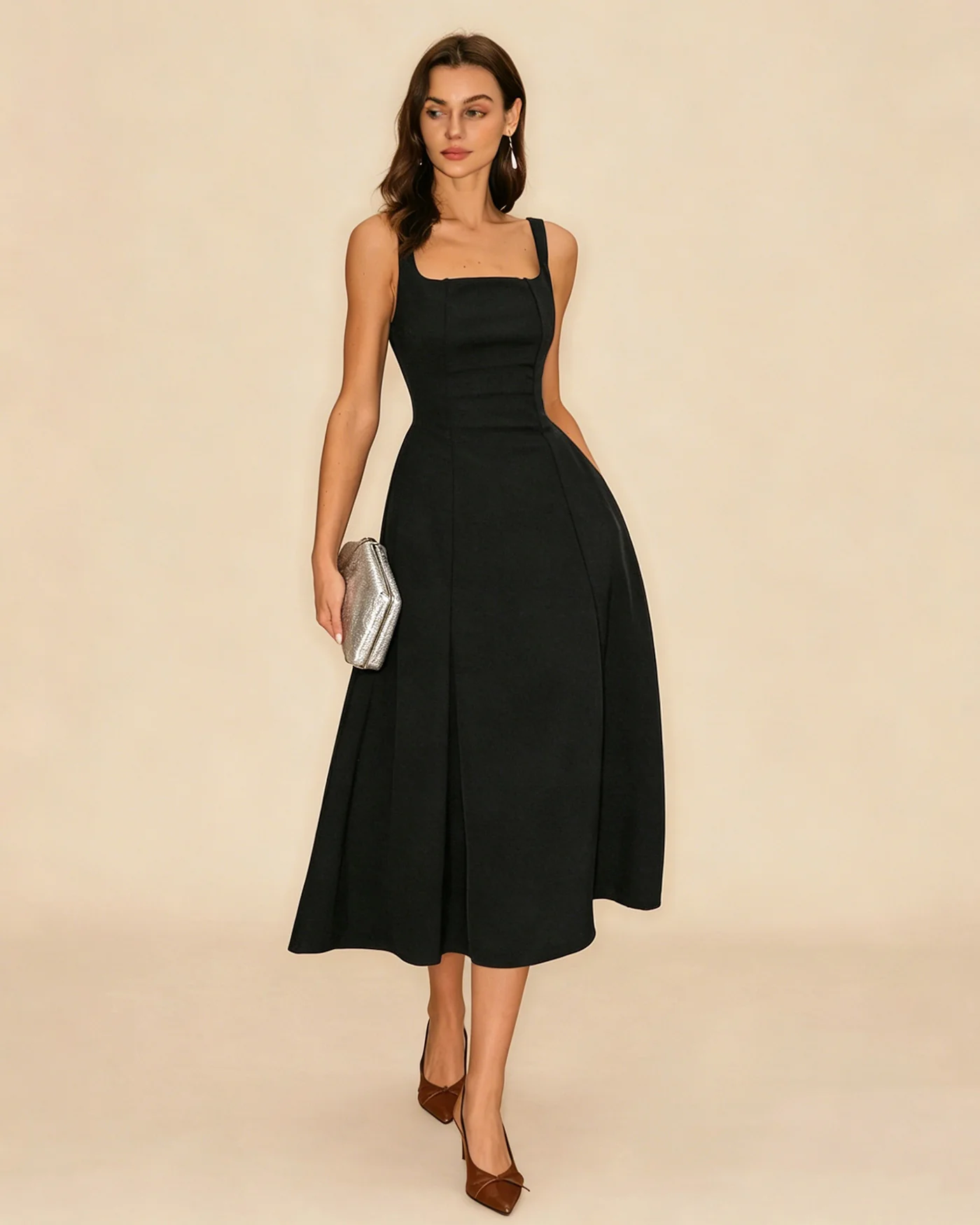 Black Solid Zipper Slip Midi Dress - Image 5