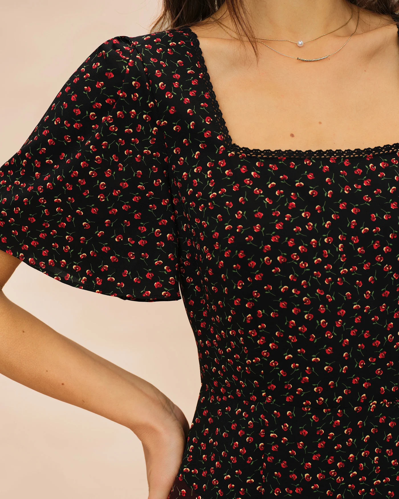 Black Square Neck Butterfly Sleeve Floral Midi Dress - Image 2