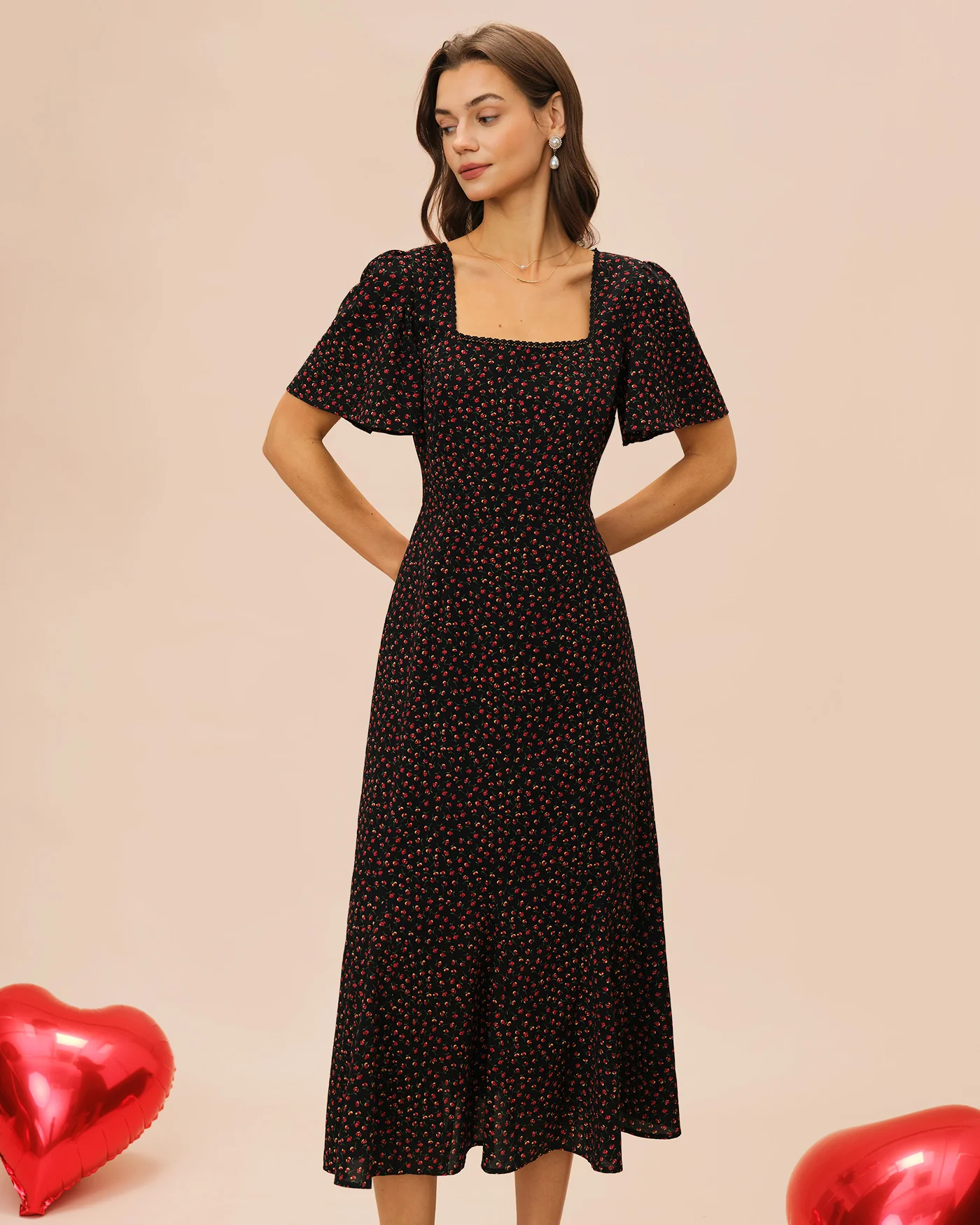 Black Square Neck Butterfly Sleeve Floral Midi Dress - Image 3