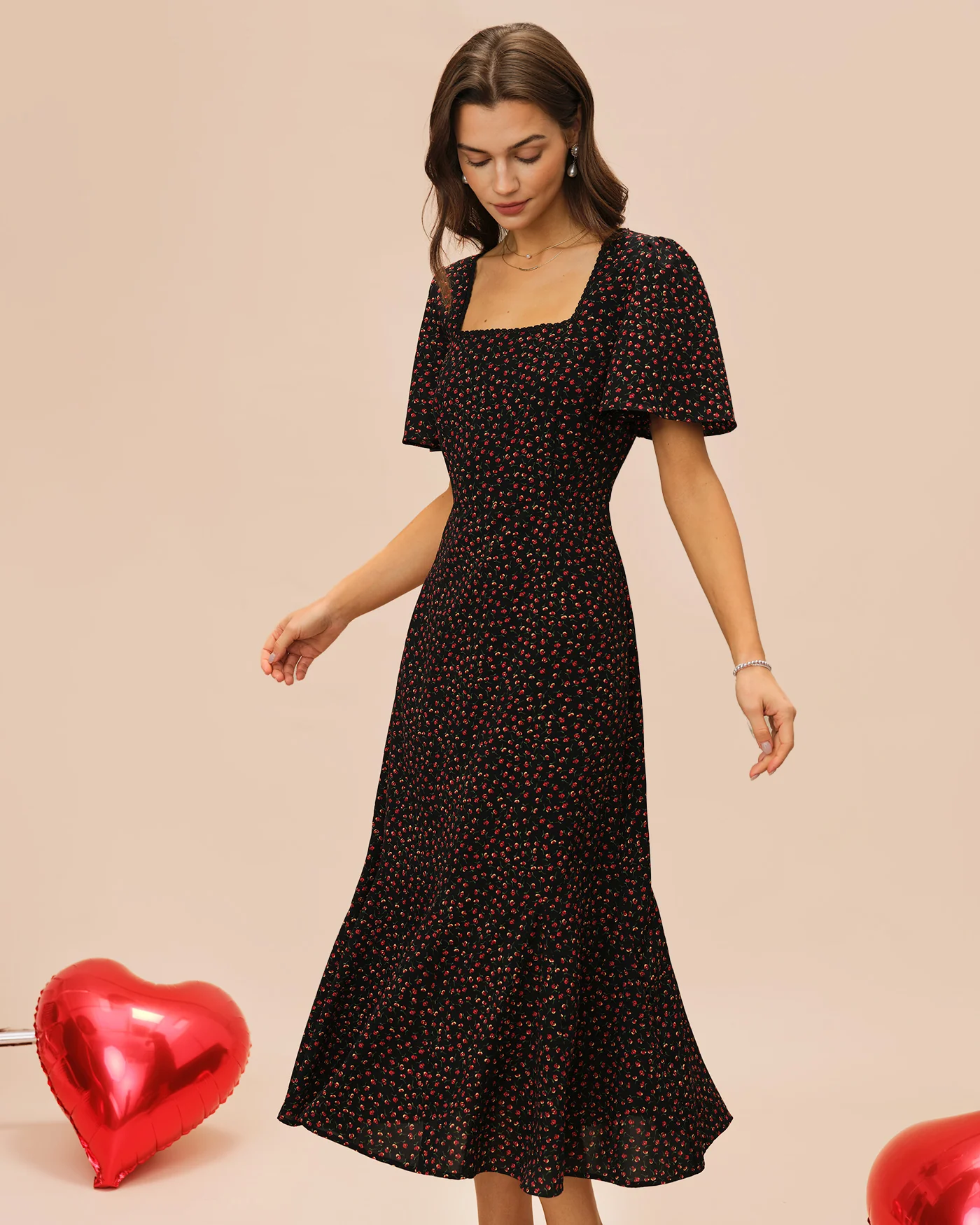 Black Square Neck Butterfly Sleeve Floral Midi Dress - Image 4