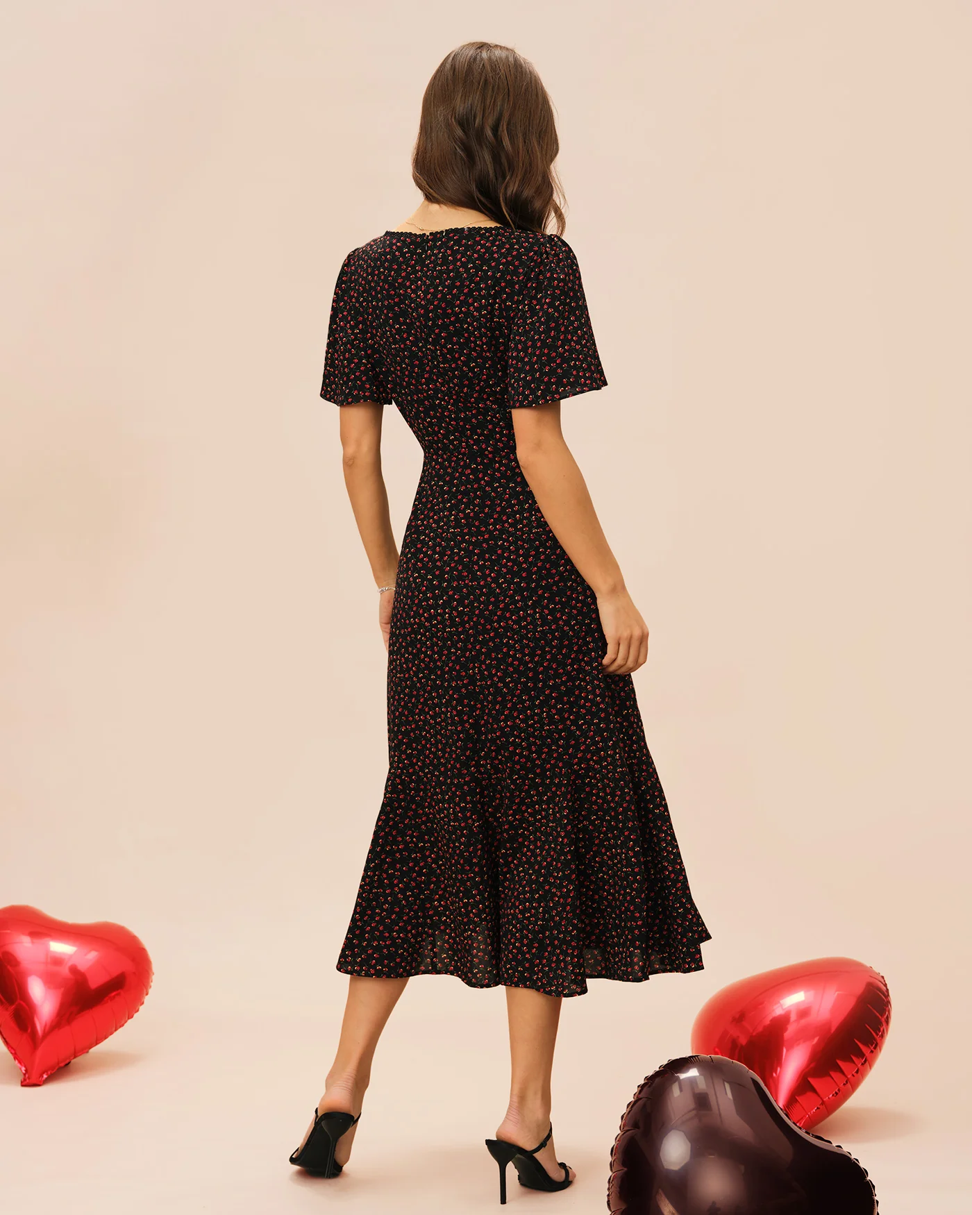 Black Square Neck Butterfly Sleeve Floral Midi Dress - Image 5
