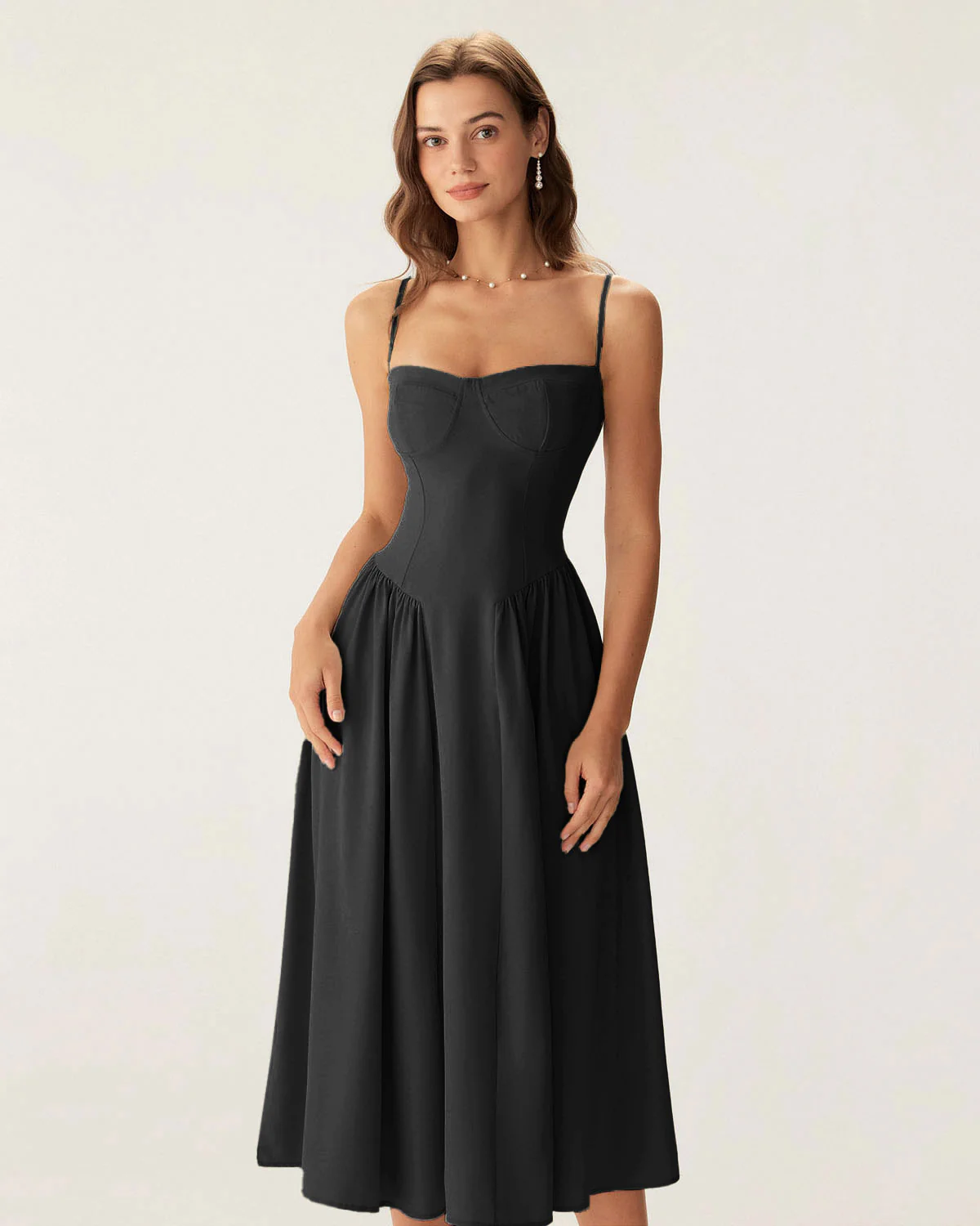 Black Square Neck Pocket Slip Midi Dress - Image 3