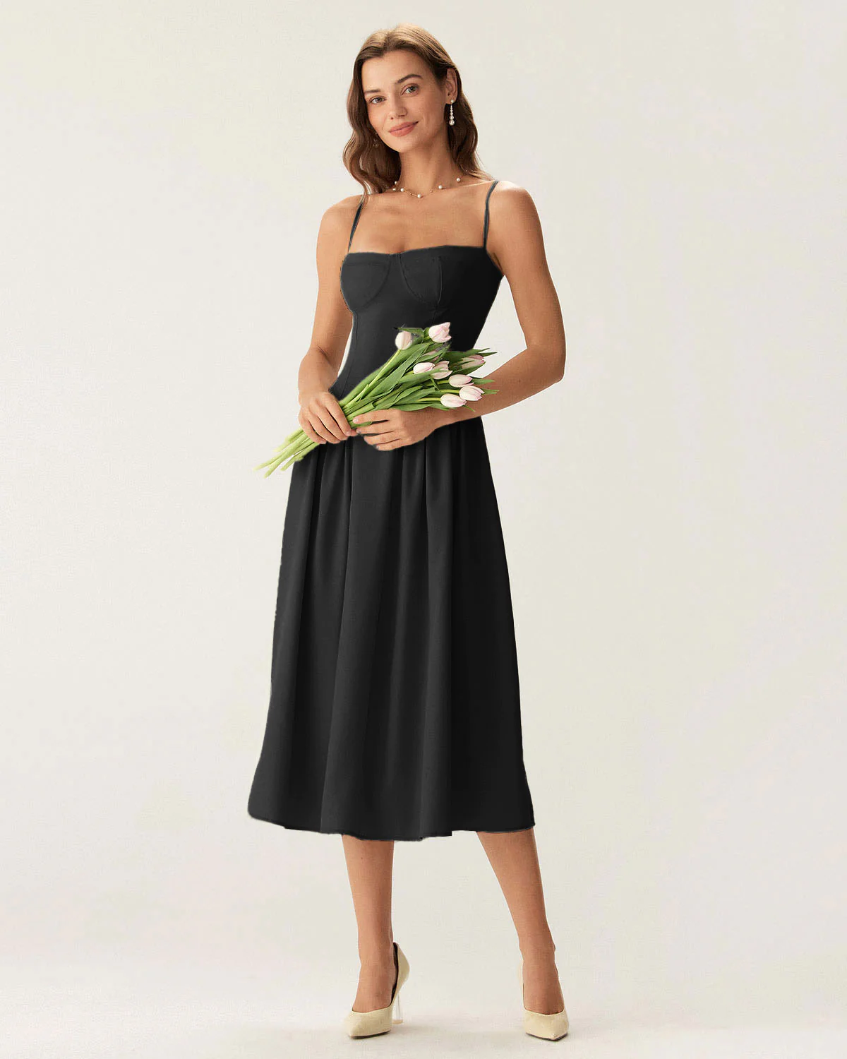 Black Square Neck Pocket Slip Midi Dress - Image 4
