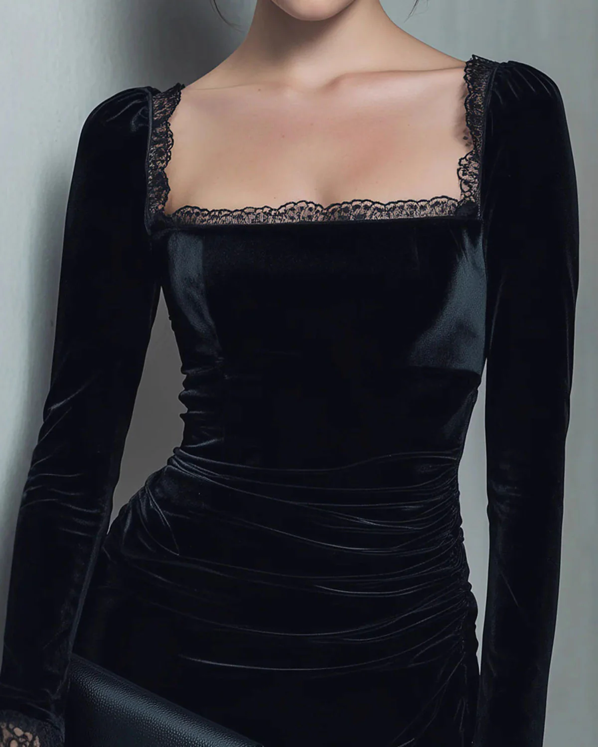 Black Square Neck Velour Mini Dress - Image 2