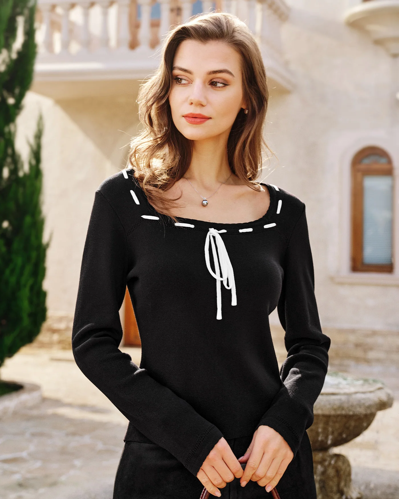 Black Square Neck Viscose Knit Top - Image 2