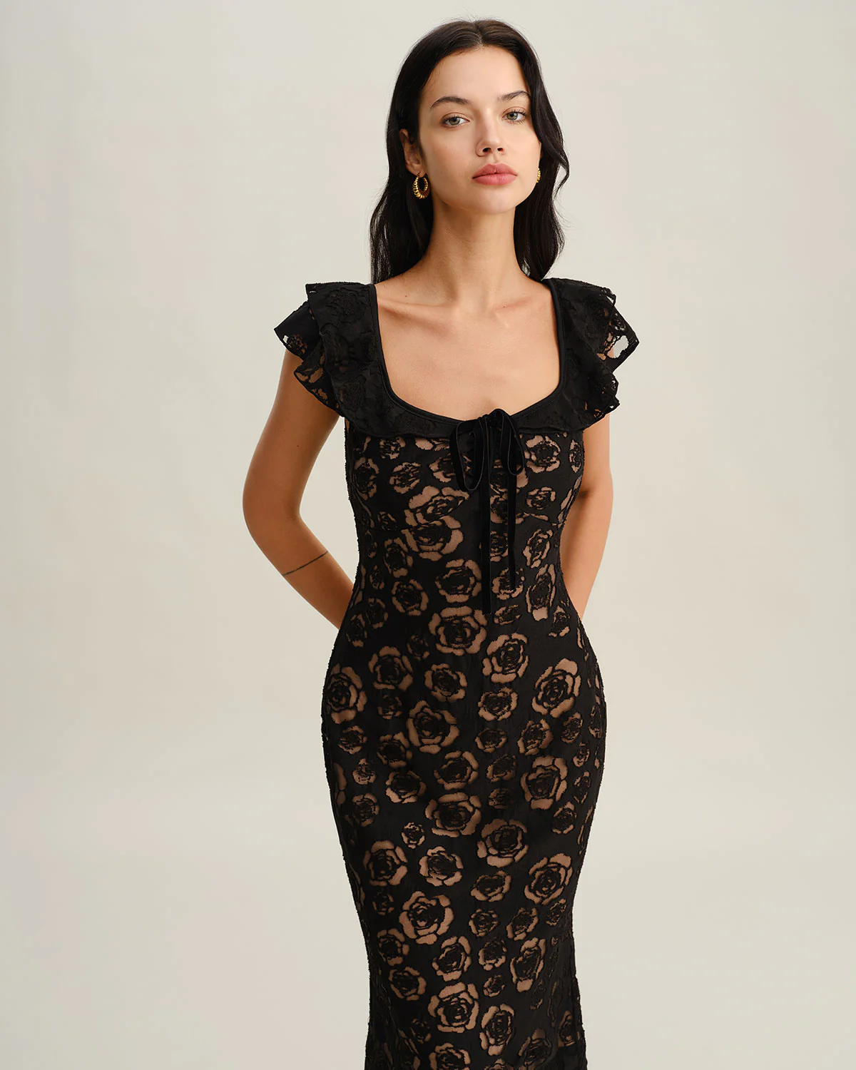 Black Textured Ruffle Mermaid Midi Dress - Image 4