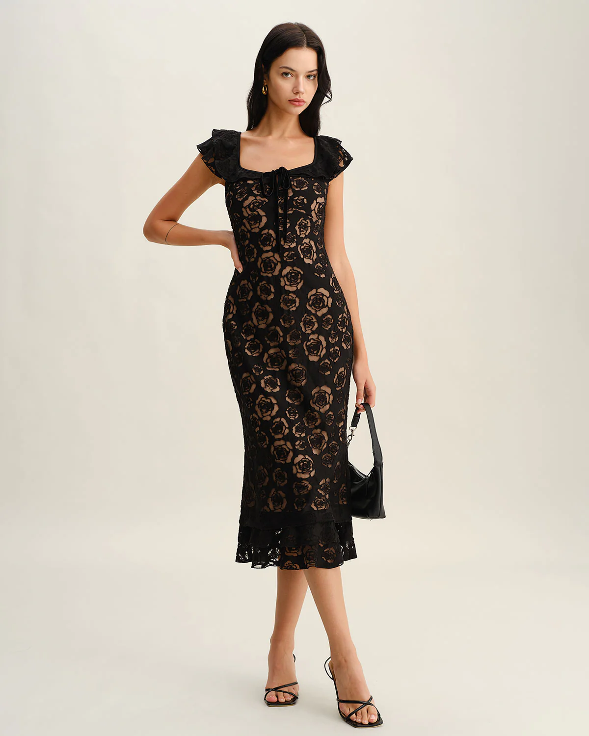 Black Textured Ruffle Mermaid Midi Dress - Image 5