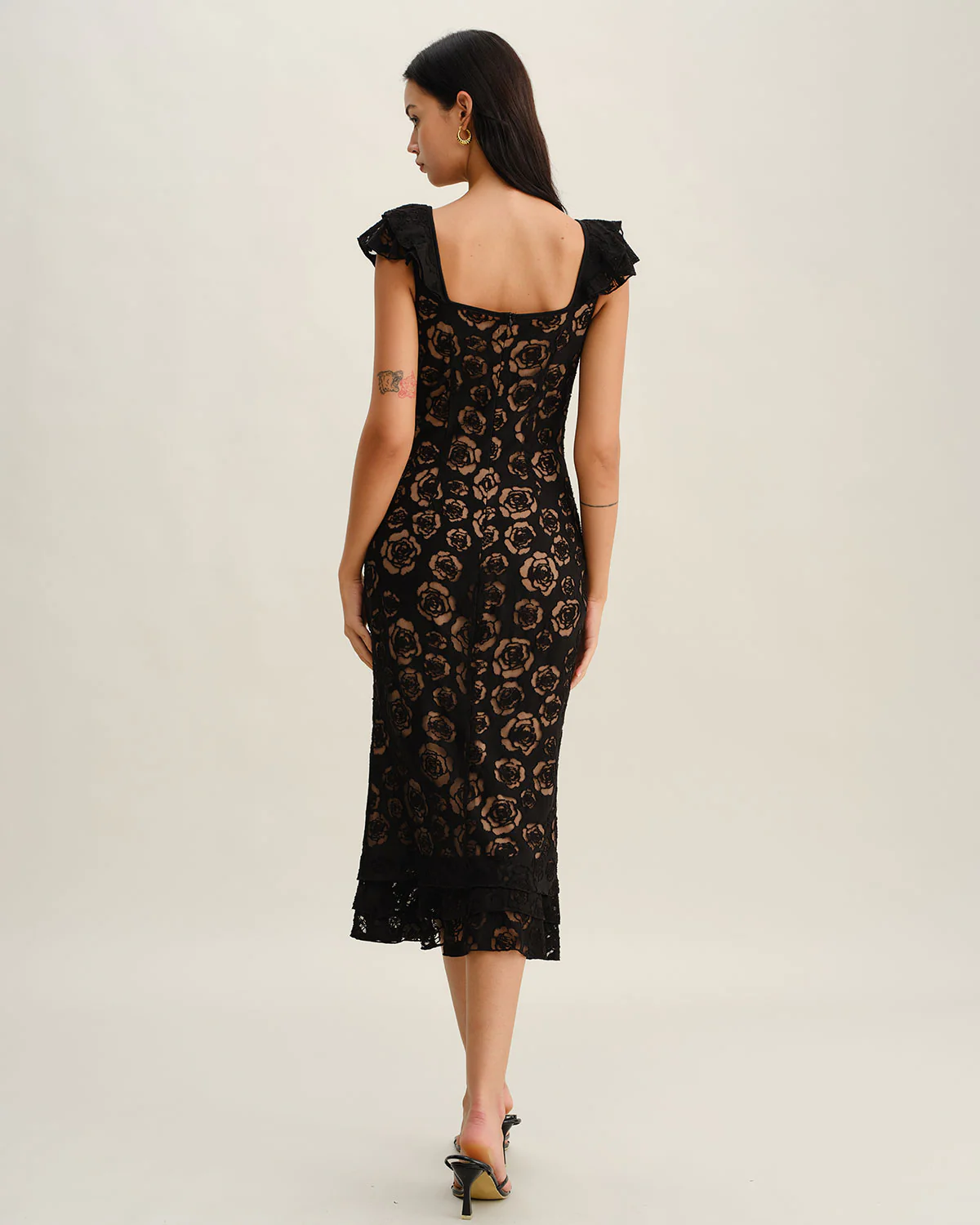 Black Textured Ruffle Mermaid Midi Dress - Image 6