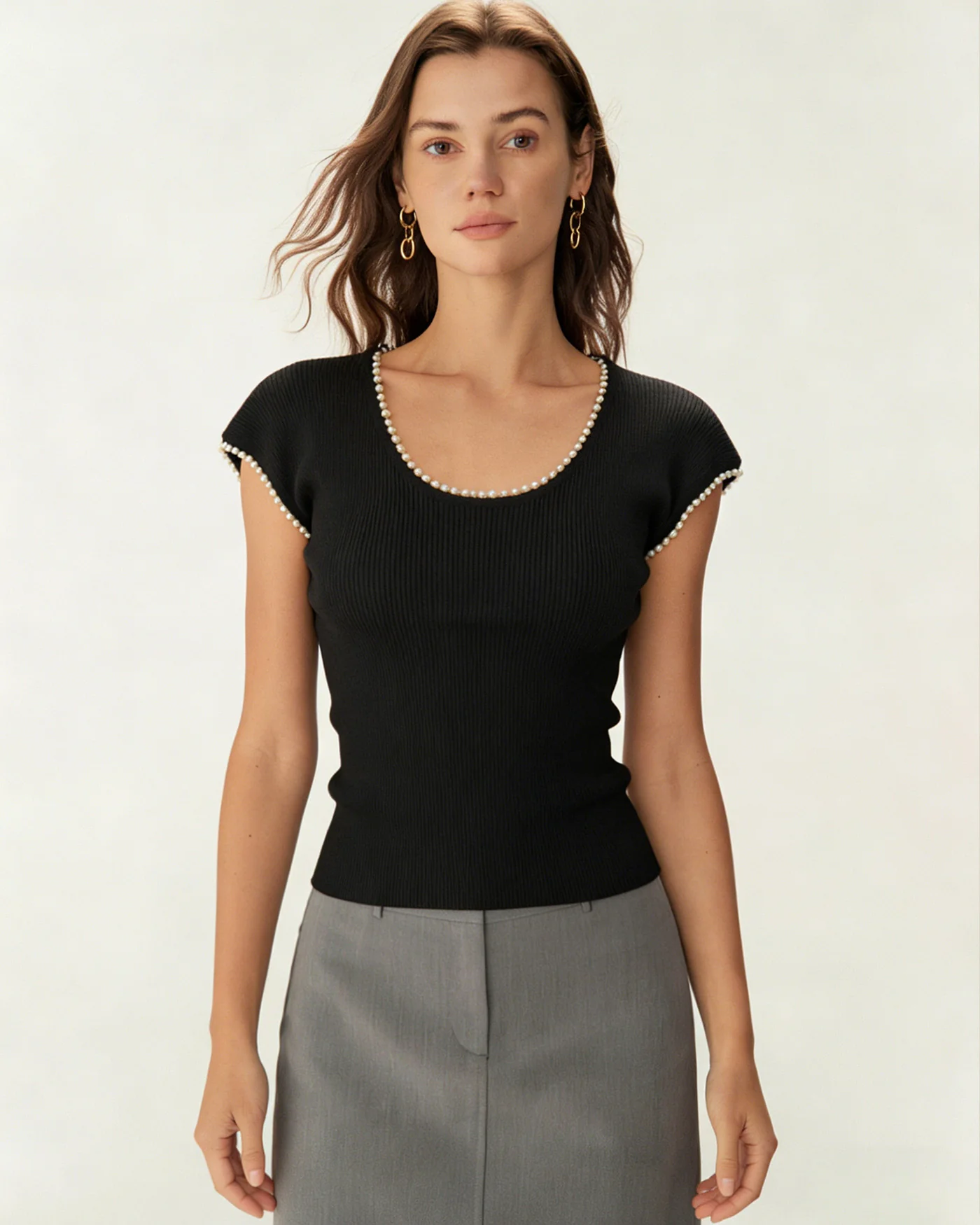 Black U Neck Pearl Tee - Image 2