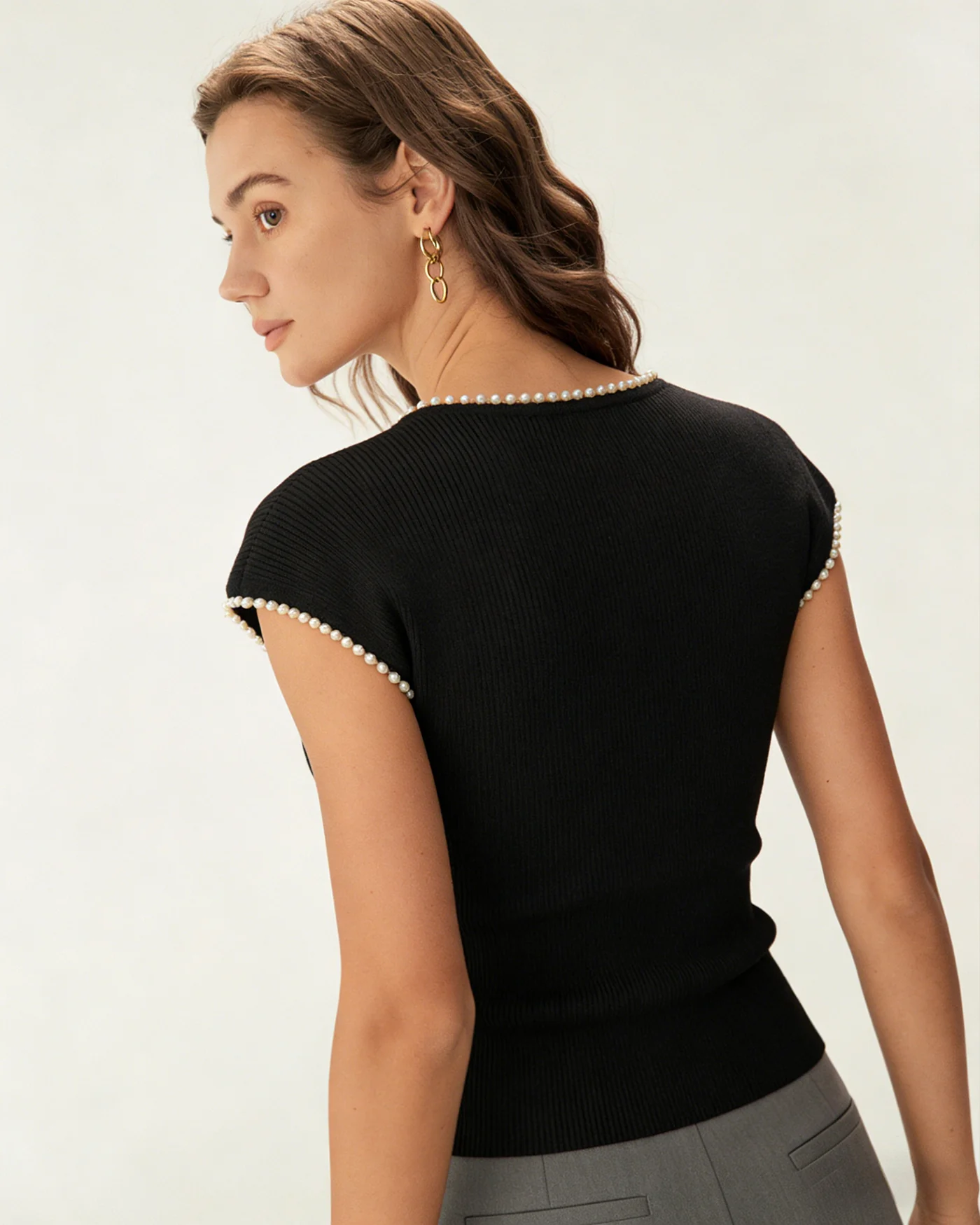 Black U Neck Pearl Tee - Image 4