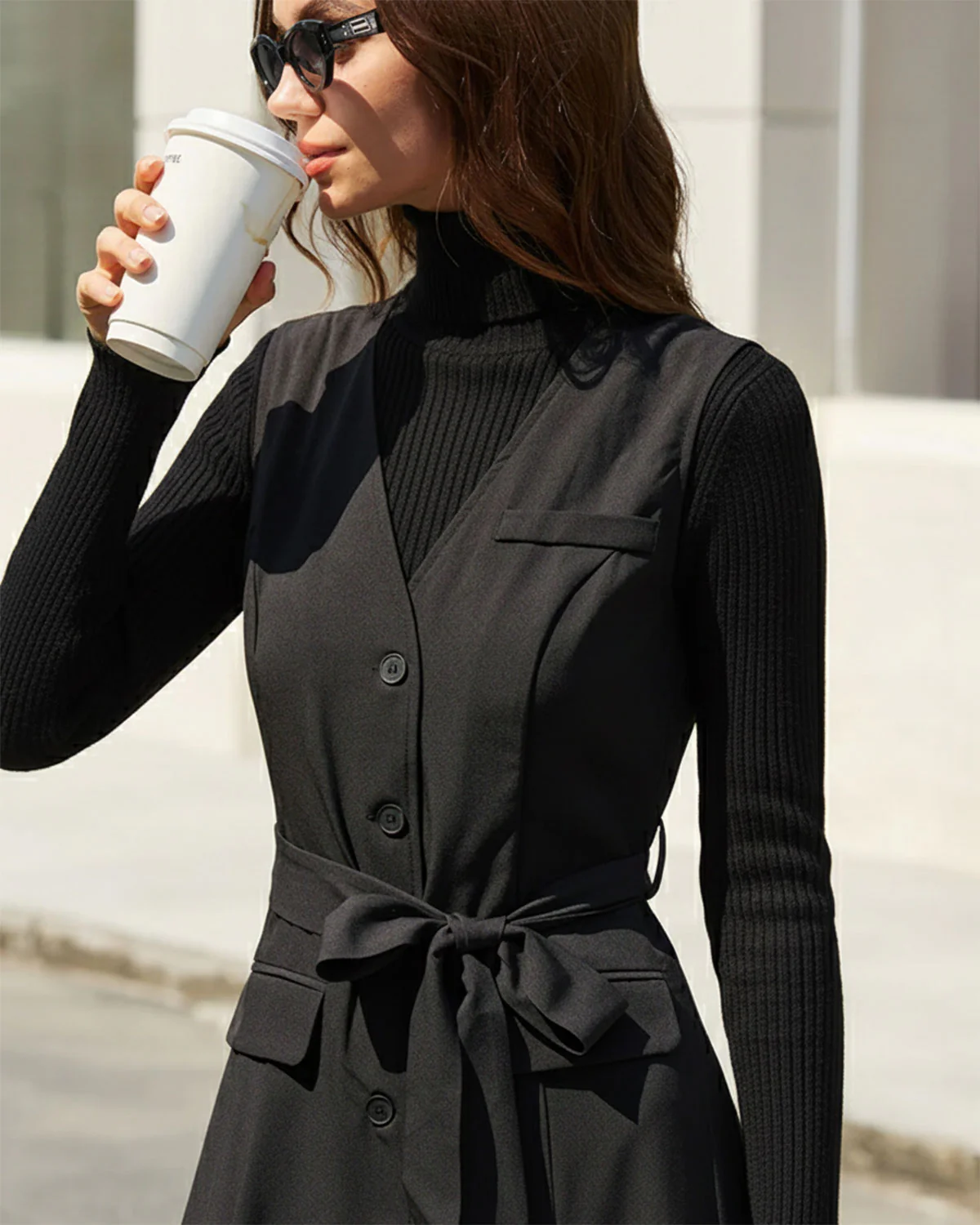 Black V Neck Belted Sleeveless Midi Dress - Image 2