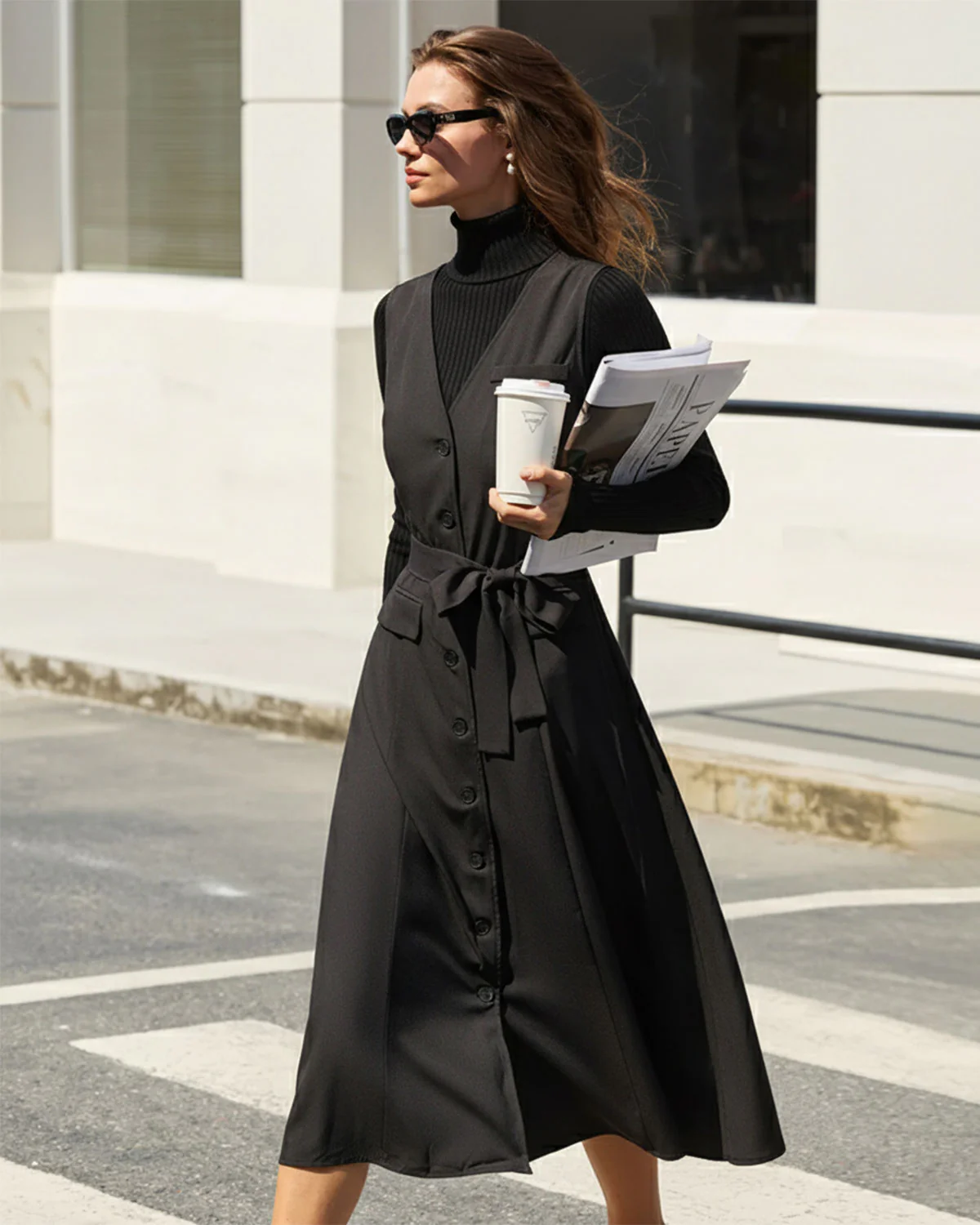 Black V Neck Belted Sleeveless Midi Dress - Image 3