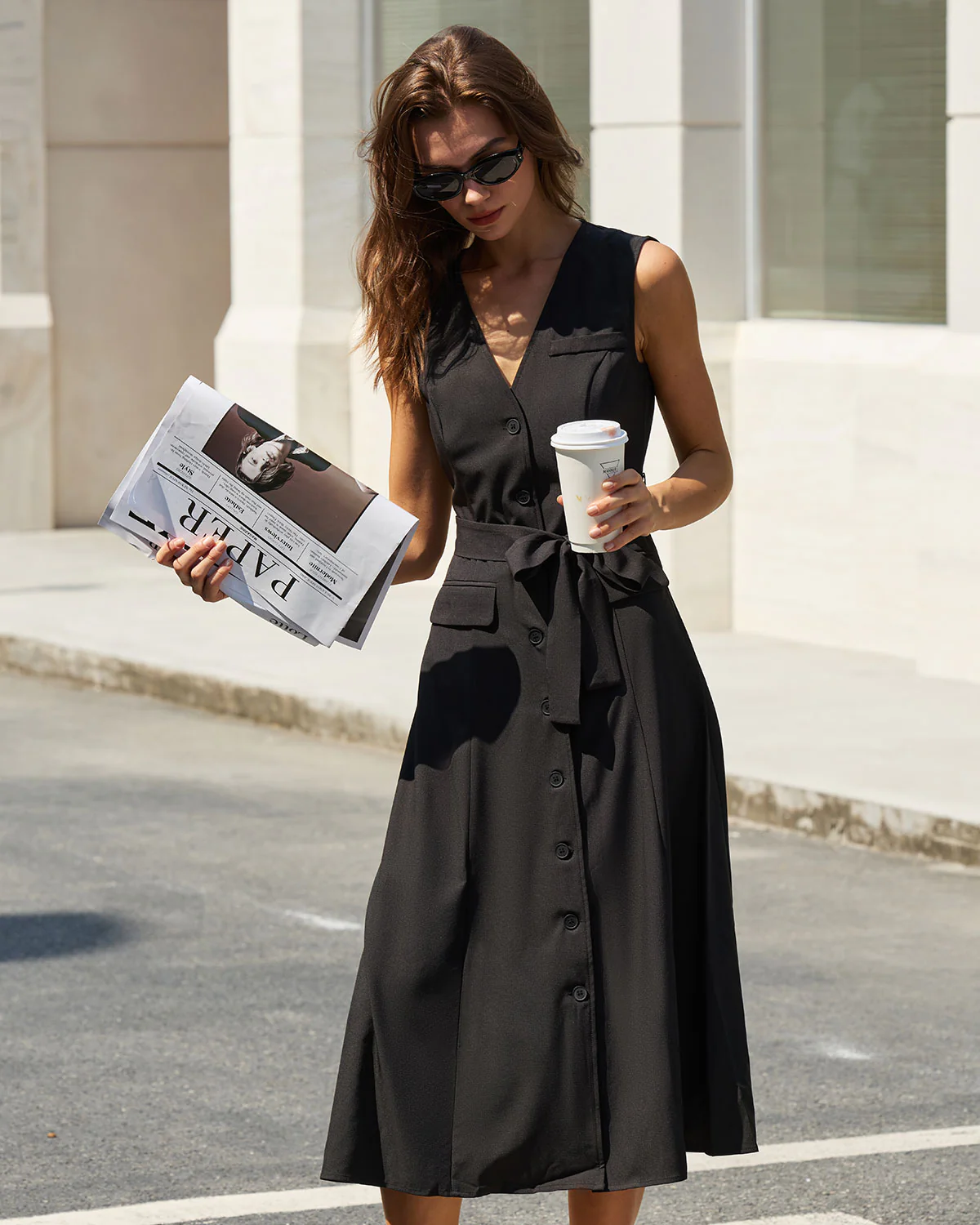 Black V Neck Belted Sleeveless Midi Dress - Image 5