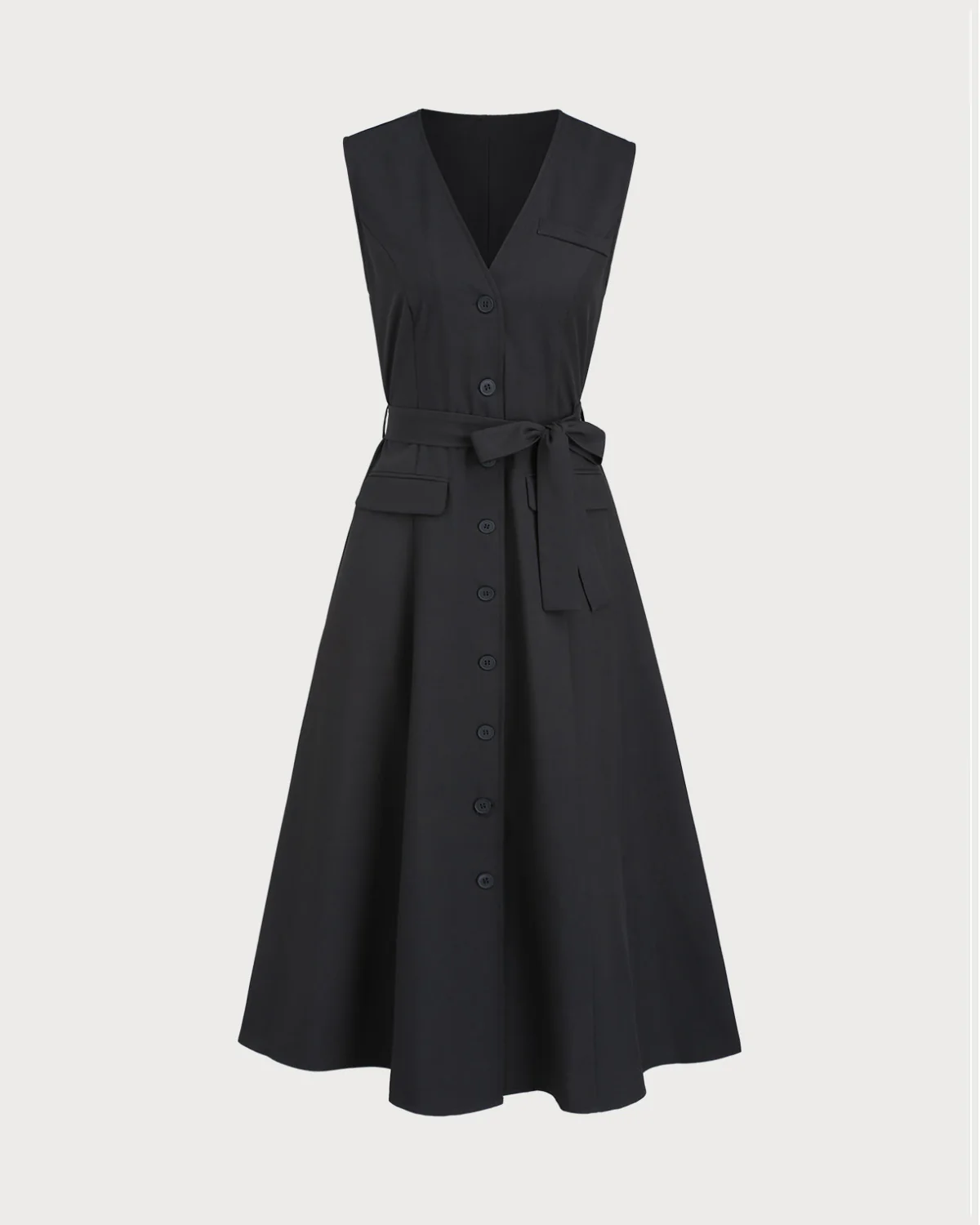 Black V Neck Belted Sleeveless Midi Dress - Image 6