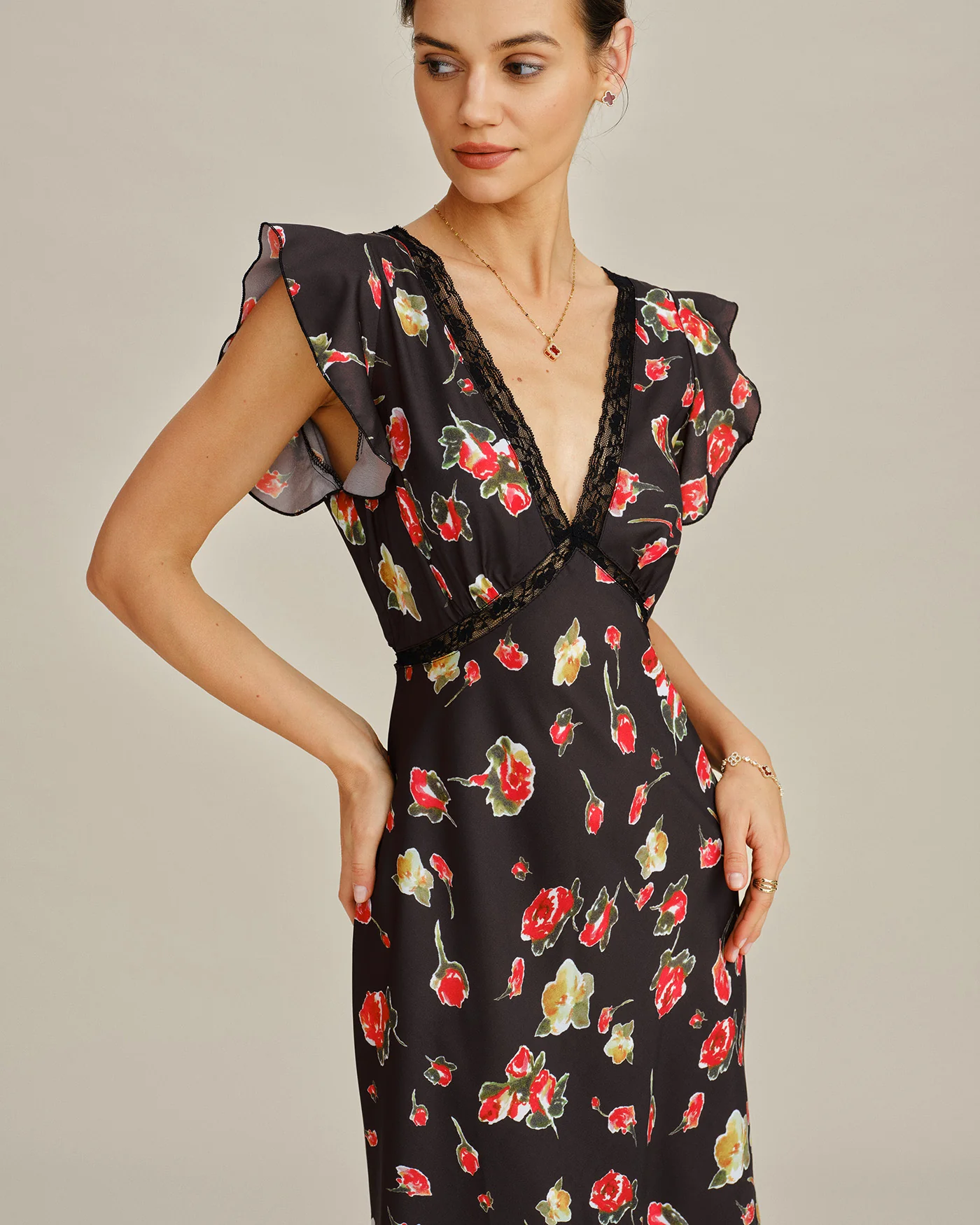 Black V Neck Butterfly Sleeve Floral Midi Dress - Image 2