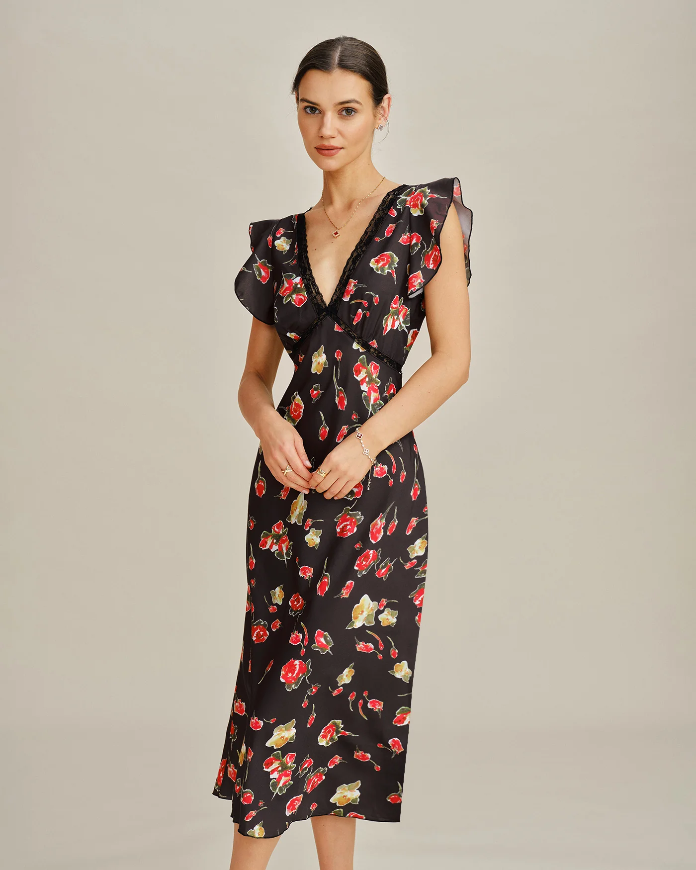 Black V Neck Butterfly Sleeve Floral Midi Dress - Image 4