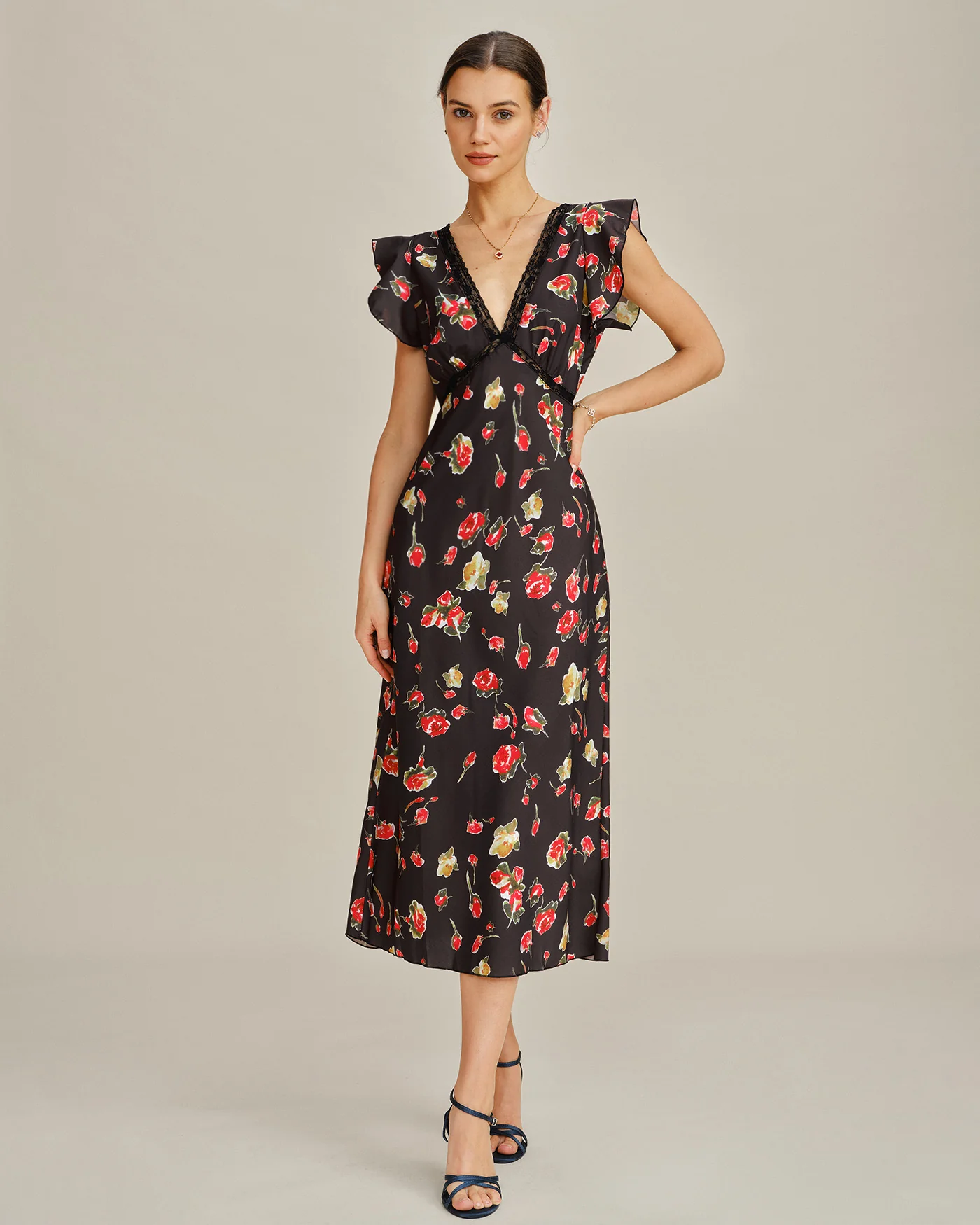 Black V Neck Butterfly Sleeve Floral Midi Dress - Image 5