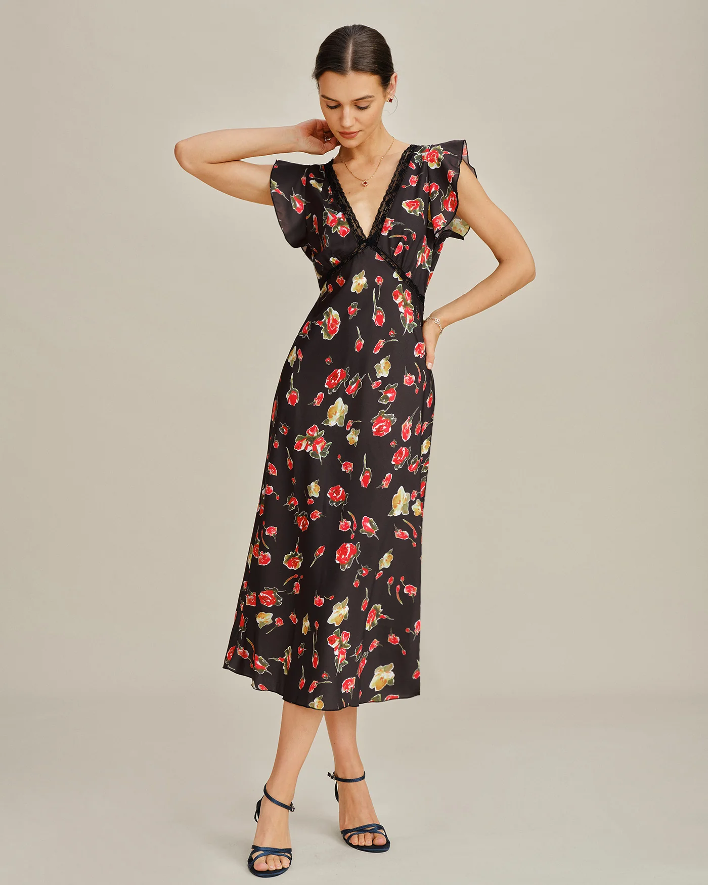Black V Neck Butterfly Sleeve Floral Midi Dress - Image 6