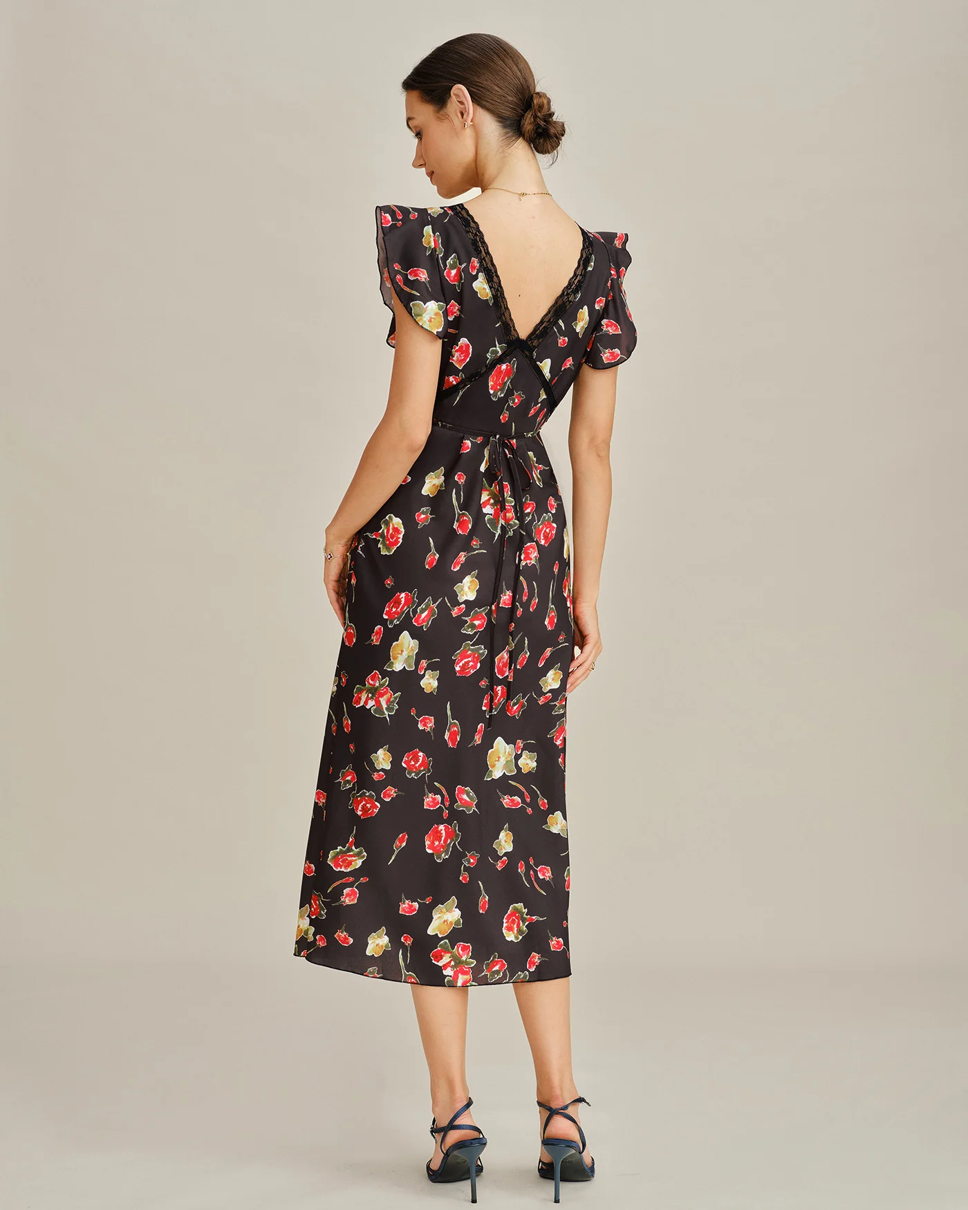 Black V Neck Butterfly Sleeve Floral Midi Dress - Image 7