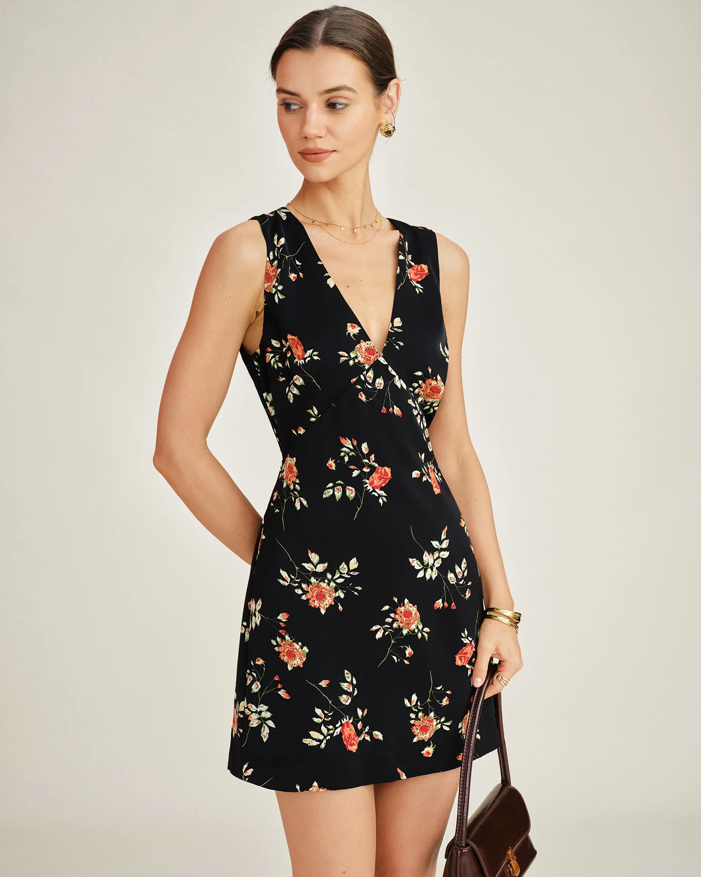 Black V Neck Floral A-Line Mini Dress - Image 2