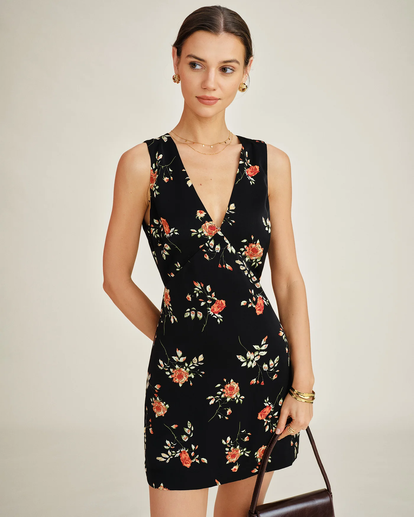 Black V Neck Floral A-Line Mini Dress - Image 3