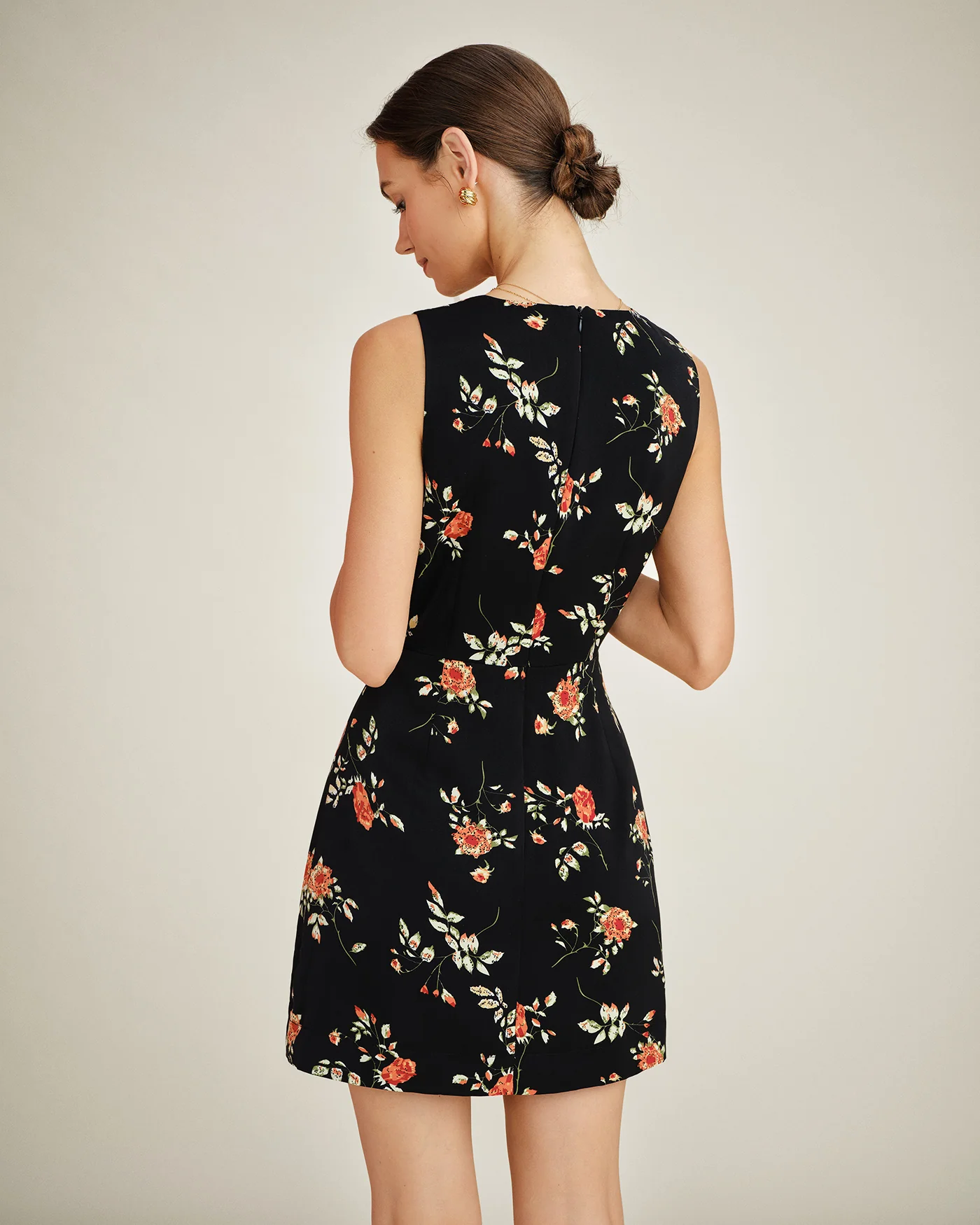 Black V Neck Floral A-Line Mini Dress - Image 6