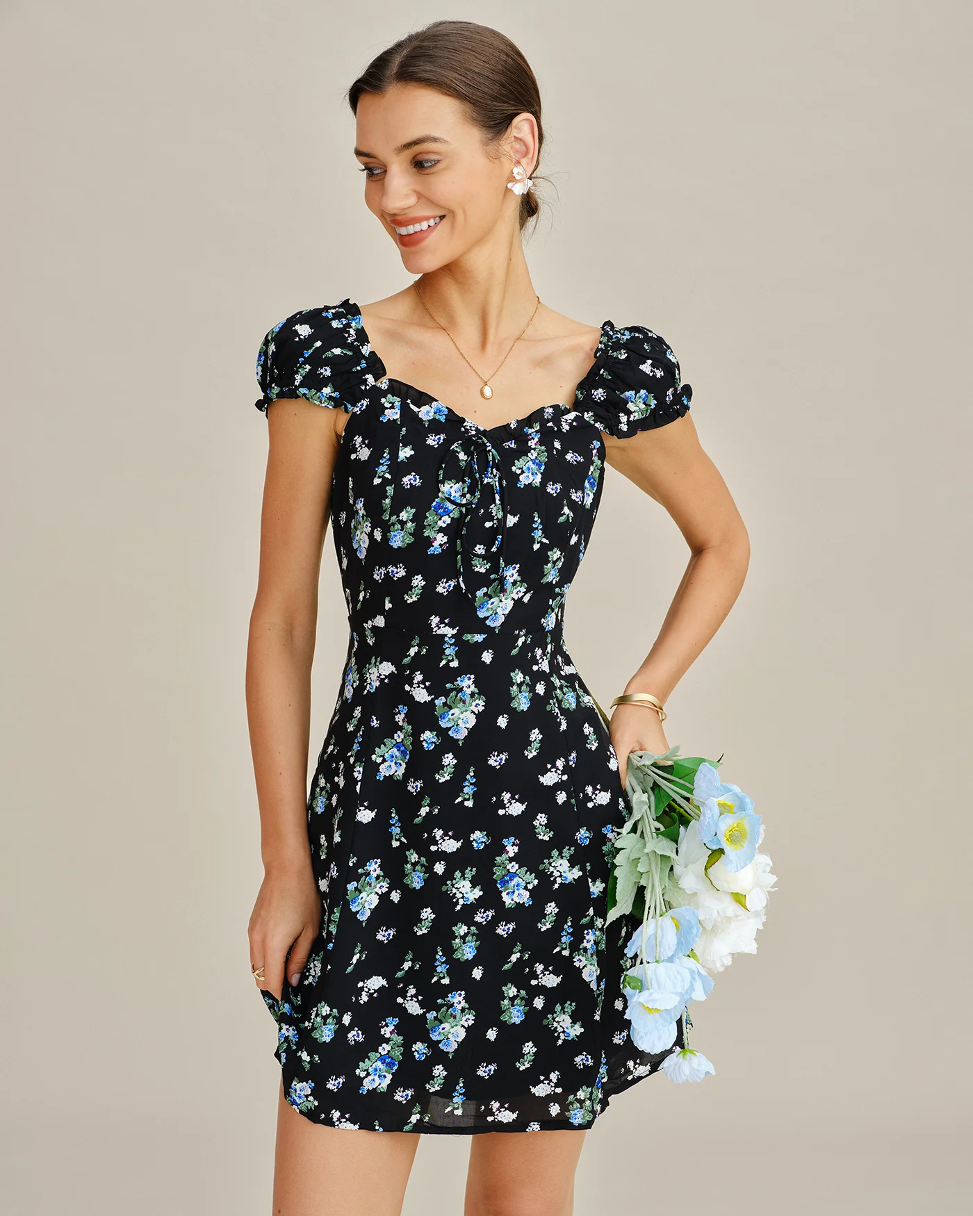Black V Neck Floral Tunic Mini Dress - Image 3
